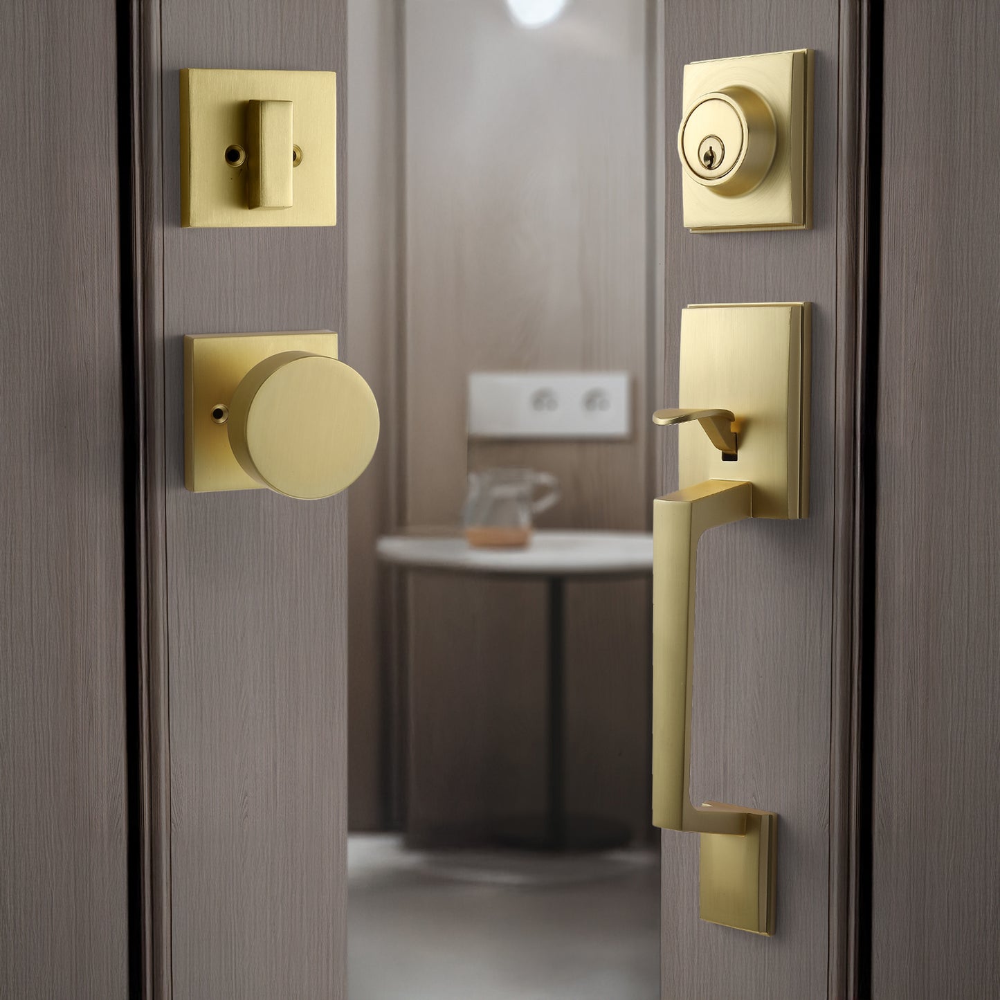 Satin-Brass Modern Front Door-Handle - Entry Door Lock with 3 Keys Single Cylinder Deadbolt,Exterior Door Knob Set Reversible for Left and Right Hand