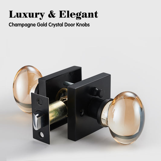 Champagne Gold Glass Door Knobs, Premium Privacy Crystal Door Handles with Lock, Square Rosette Matte Black Finished (Privacy)