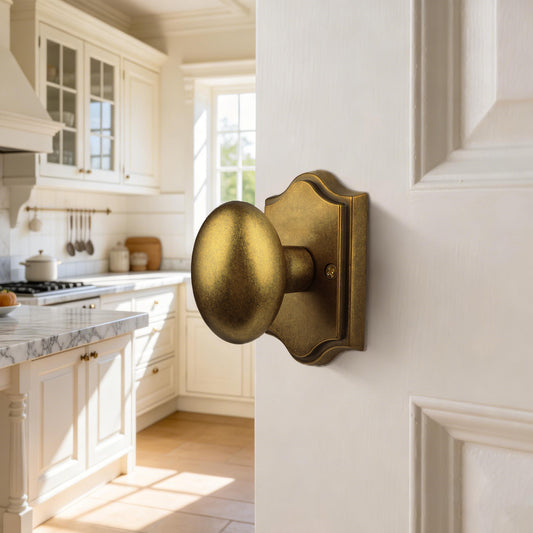 Antique Brass Finish Dummy Door Knob Interior, Vintage Style Zinc Alloy Oval Door Handle, Non-Turning Interior Push/Pull Door Knob (Antique Brass, Dummy)