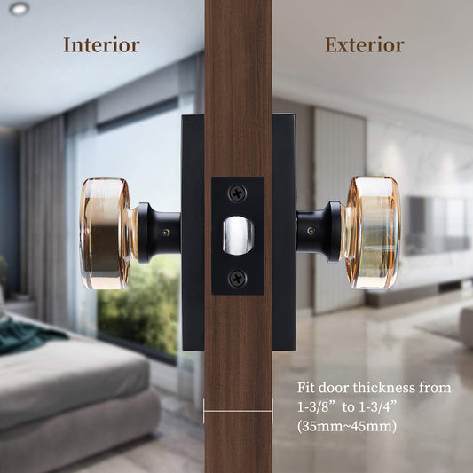 Champagne Glass Passage Door Knob – Crystal Non-Locking Interior Handle with Matte Black Rosette – Decorative Clear Knob for Hallway, Closet, or Guest Room Doors
