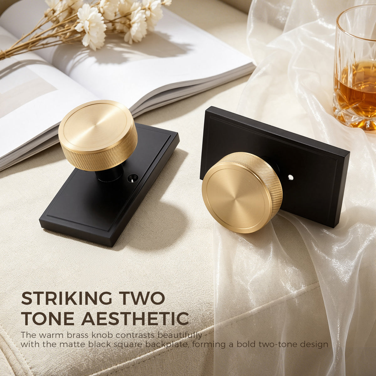 Solid Brass Knurled Privacy Door Knob with Matte Black Rectangular Rosette