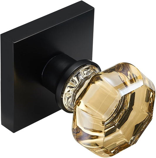Champagne Gold Dummy Door Knob Set – 2 Pack Crystal Decorative Non-Turning Handles with Matte Black Square Rosette – Ideal for Closet, French Doors, Pantry, Cabinet
