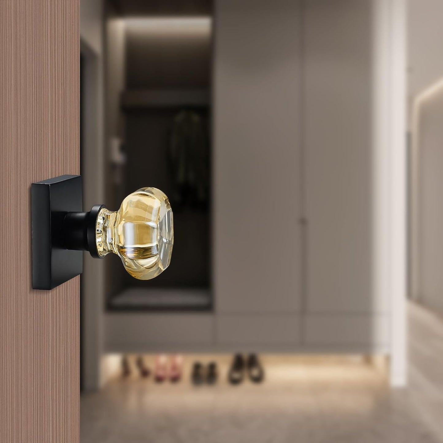 Champagne Gold Dummy Door Knob Set – 2 Pack Crystal Decorative Non-Turning Handles with Matte Black Square Rosette – Ideal for Closet, French Doors, Pantry, Cabinet