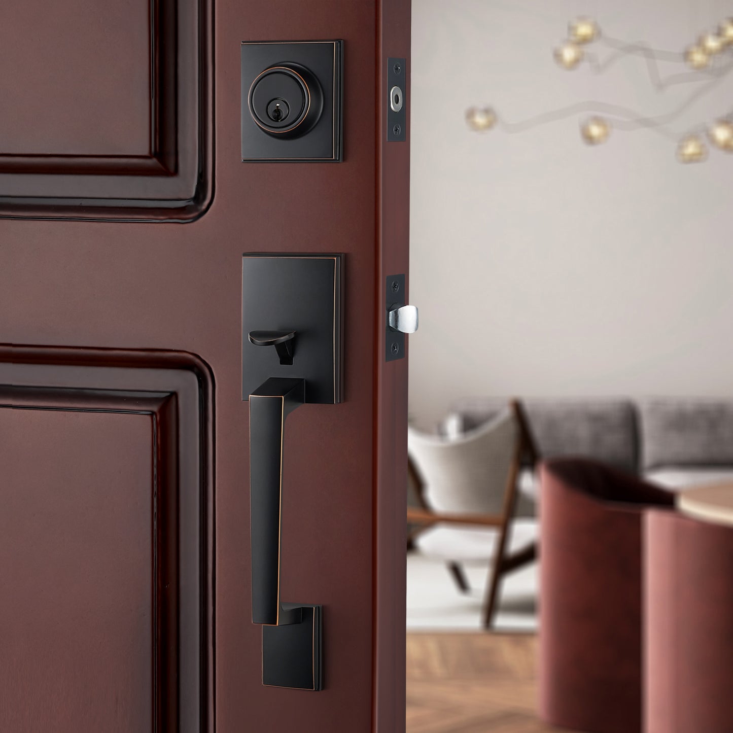 Oil-Rubbed Bronze Front Door Handle Set – Entry Lock with 3 Keys, Single Cylinder Deadbolt, Reversible for Left & Right Use, Ideal for Exterior Use