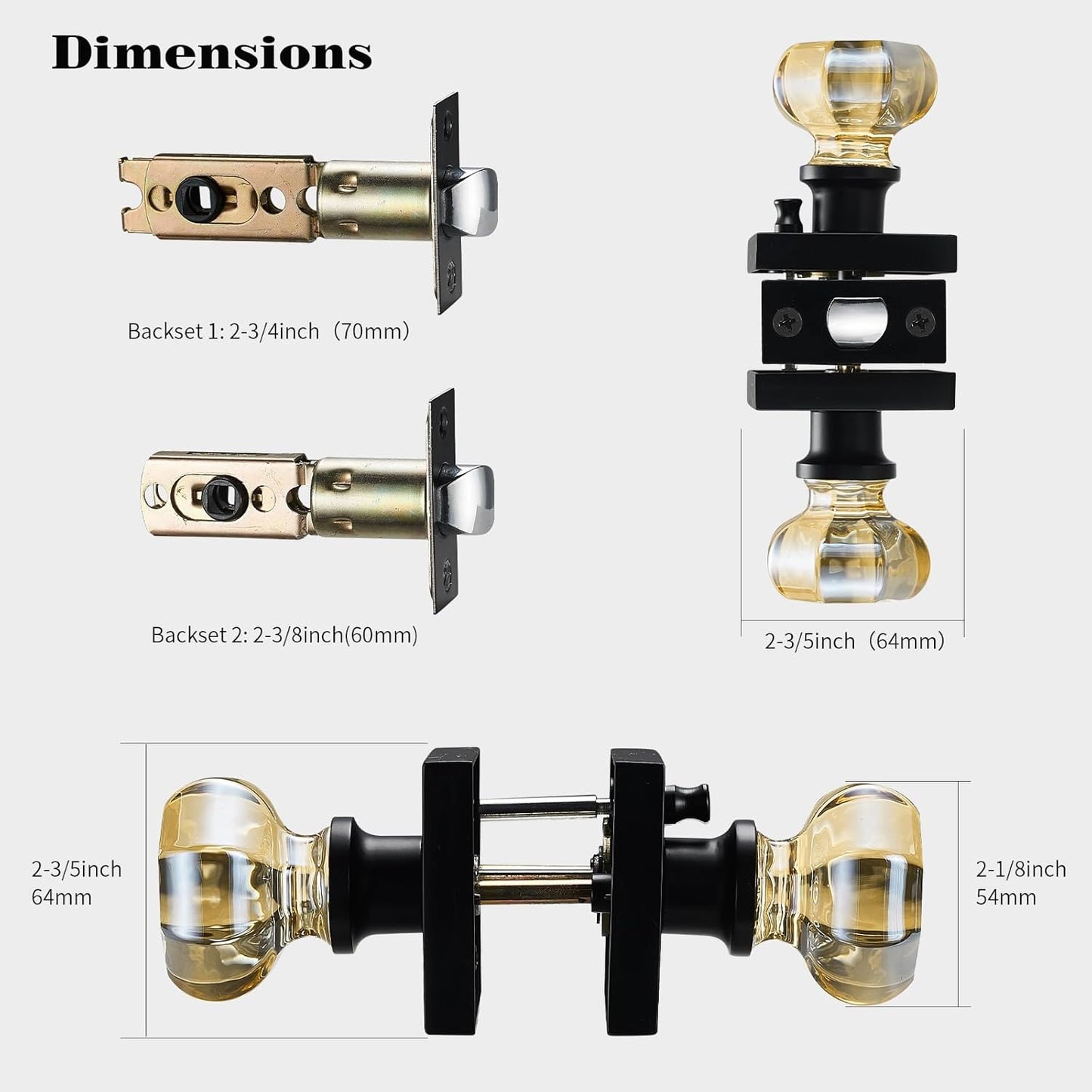 hampagne Gold Crystal Door Knob with Matte Black Square Rosette – Elegant Octagonal Privacy Handle Set for Bedroom, Bathroom, Closet – Vintage Glass Interior Door Lock for Home Decor