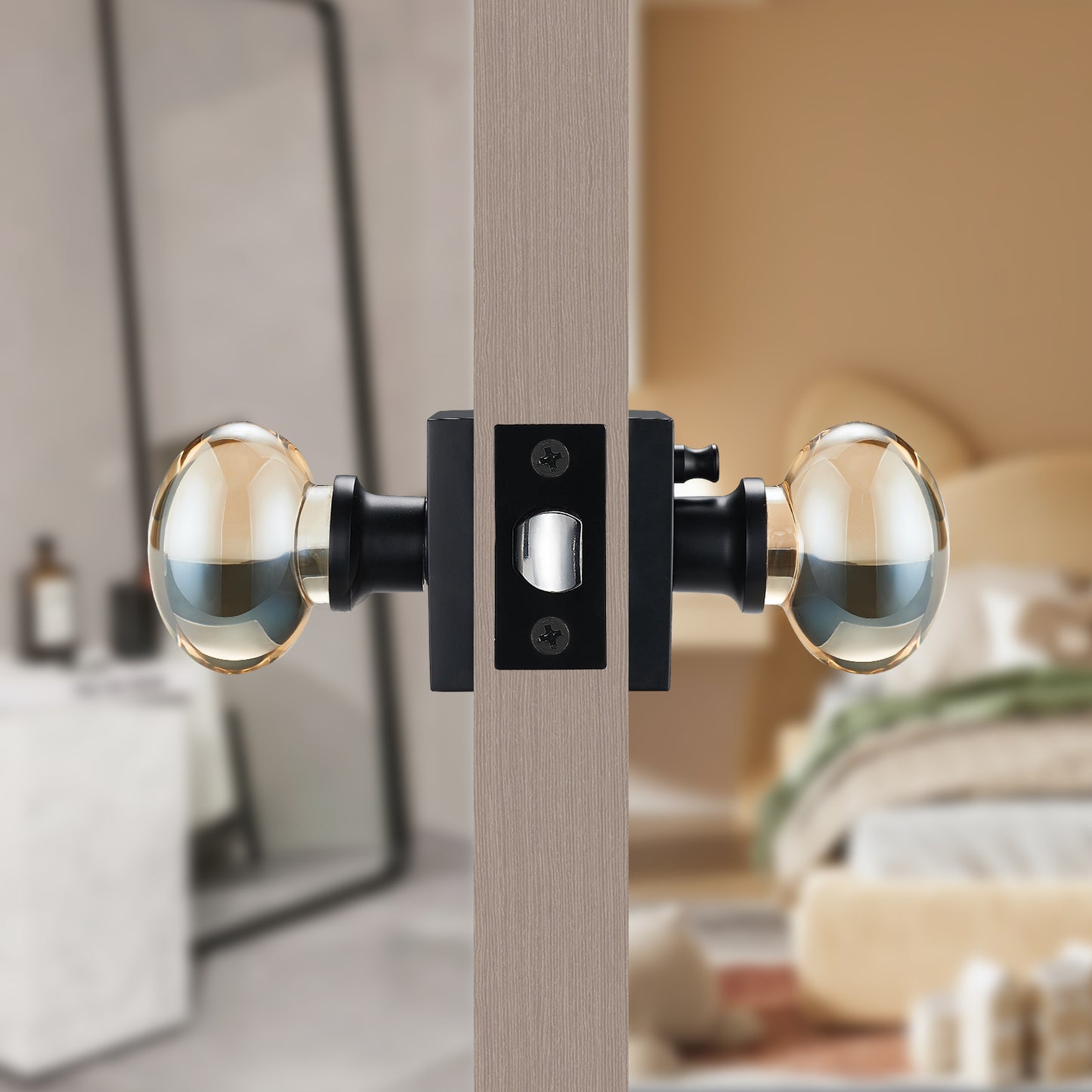Champagne Gold Glass Door Knobs, Premium Privacy Crystal Door Handles with Lock, Square Rosette Matte Black Finished (Privacy)