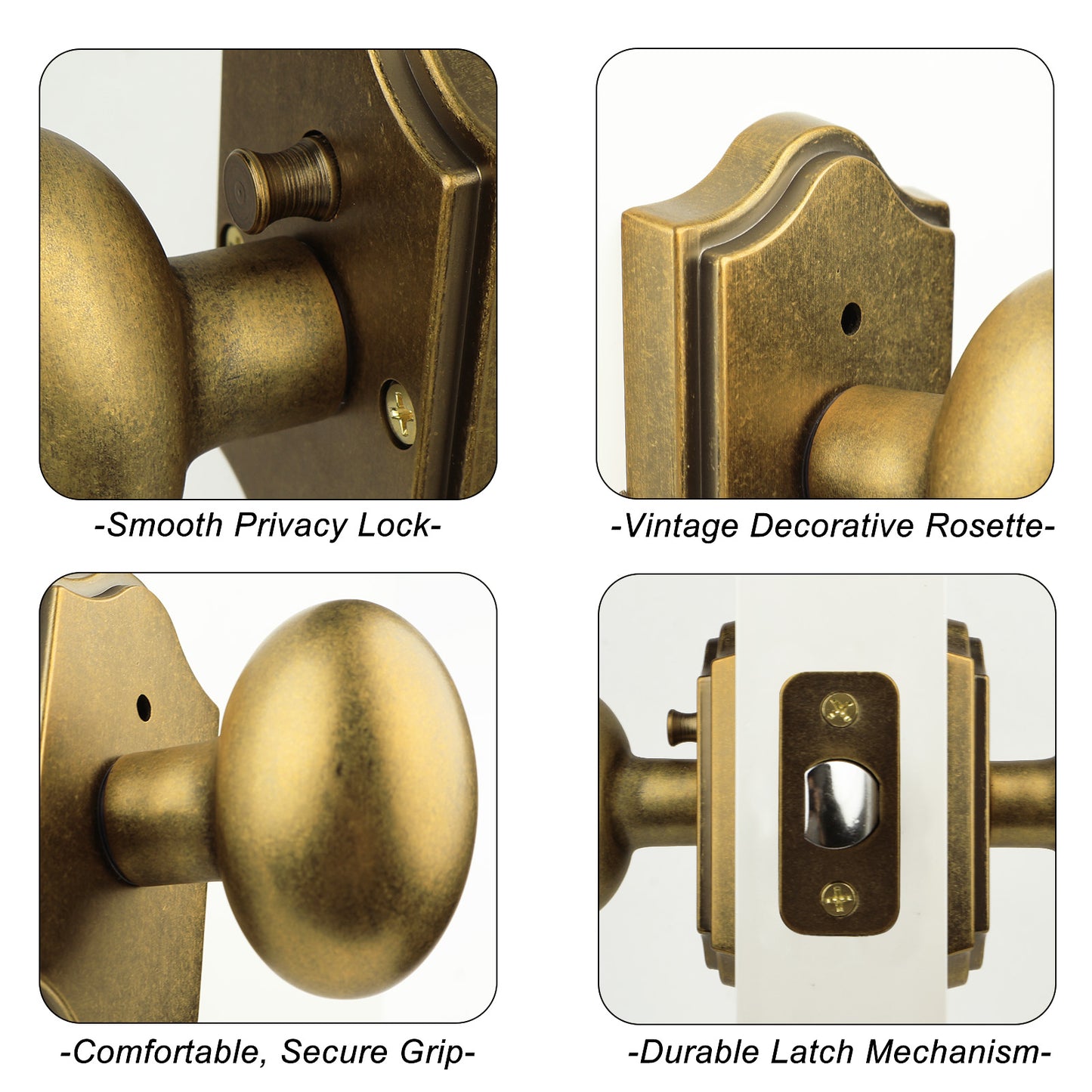 Antique Brass Finish Privacy Door Knob Interior, Vintage Style Zinc Alloy Oval Door Handle with Lock for Bathroom & Bedroom (Antique Brass, Privacy)