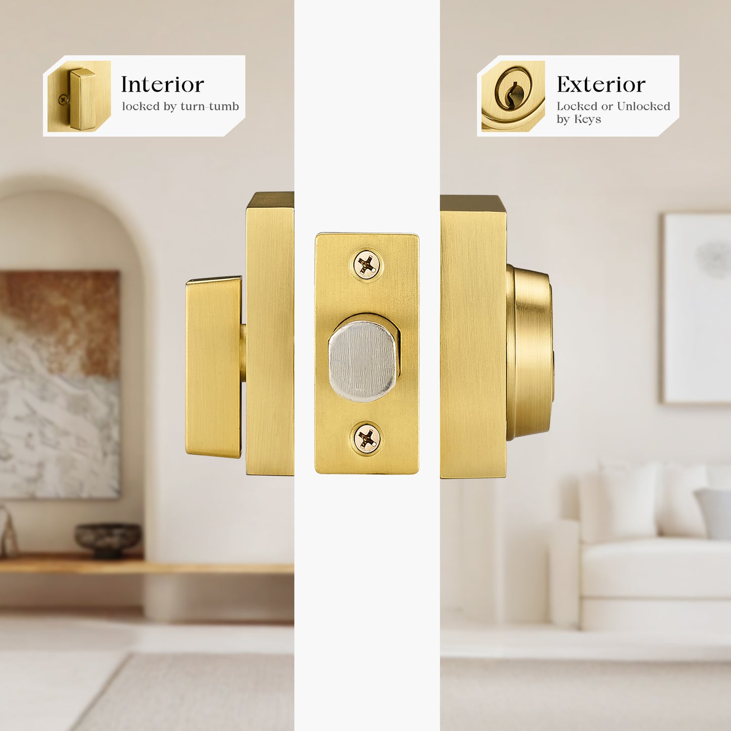 Single Cylinder Deadbolt Lock - Gold Satin Brass Square for Front Door with 3 Keys Modern Heavy Duty High Security Lock (Deadbolt, Satin Brass)