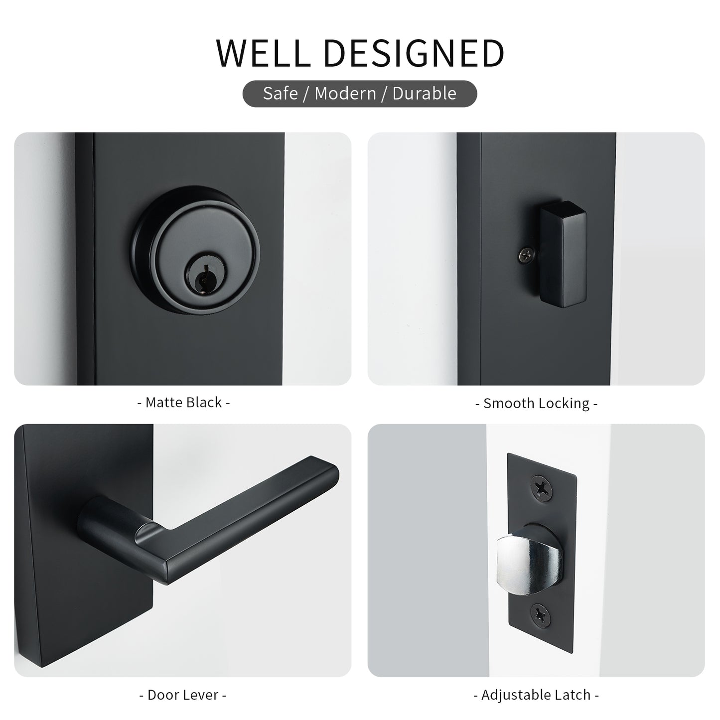 Matte-Black Front Door Handle - Modern Entry Door Lock Set with Deadbolt,Exterior Door Lever 3 Keys for Left & Right Hand Door (Black)