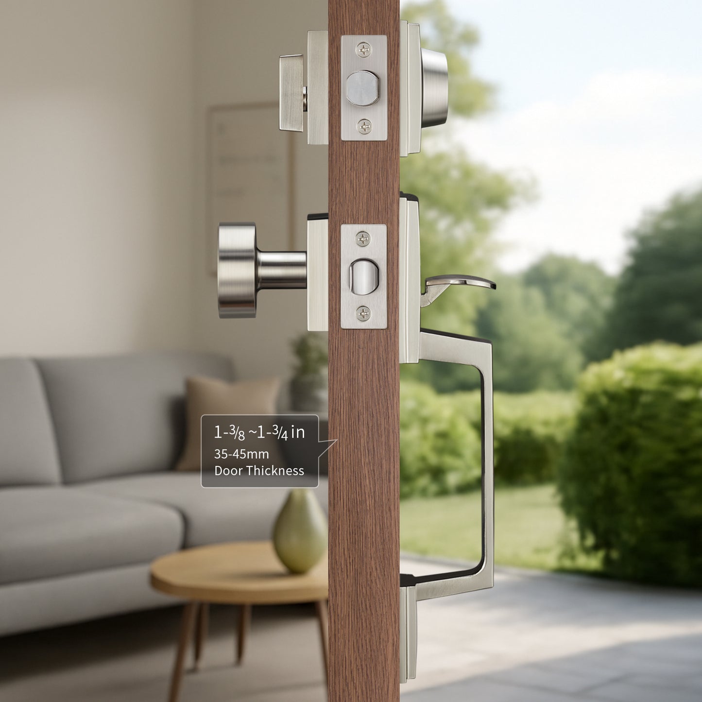 Satin Nickel Front Door Handle Set – Exterior Entry Lock with Single Cylinder Deadbolt & 3 Keys, Heavy-Duty Modern Lever, Reversible for Left/Right-Handed Doors
