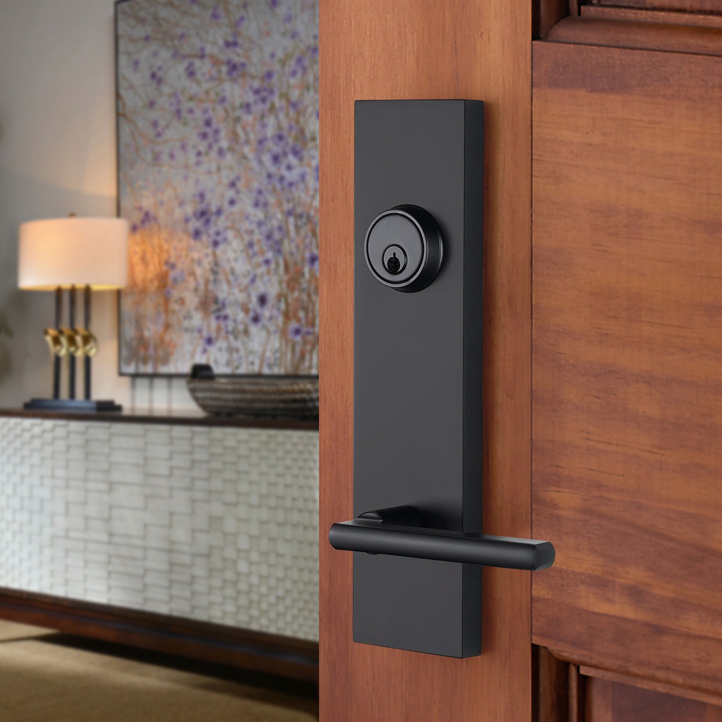 Matte-Black Front Door Handle - Modern Entry Door Lock Set with Deadbolt,Exterior Door Lever 3 Keys for Left & Right Hand Door (Black)