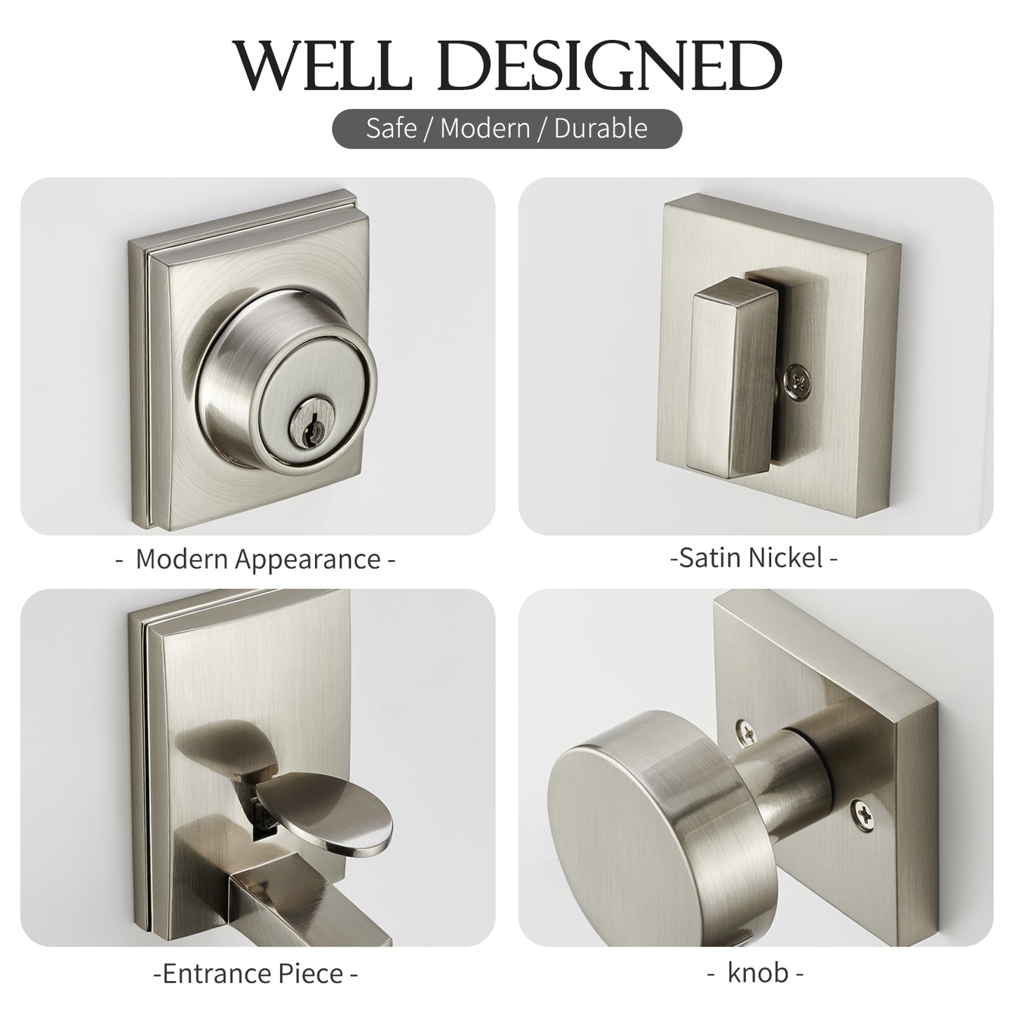 Satin Nickel Front Door Handle Set – Exterior Entry Lock with Single Cylinder Deadbolt & 3 Keys, Heavy-Duty Modern Lever, Reversible for Left/Right-Handed Doors