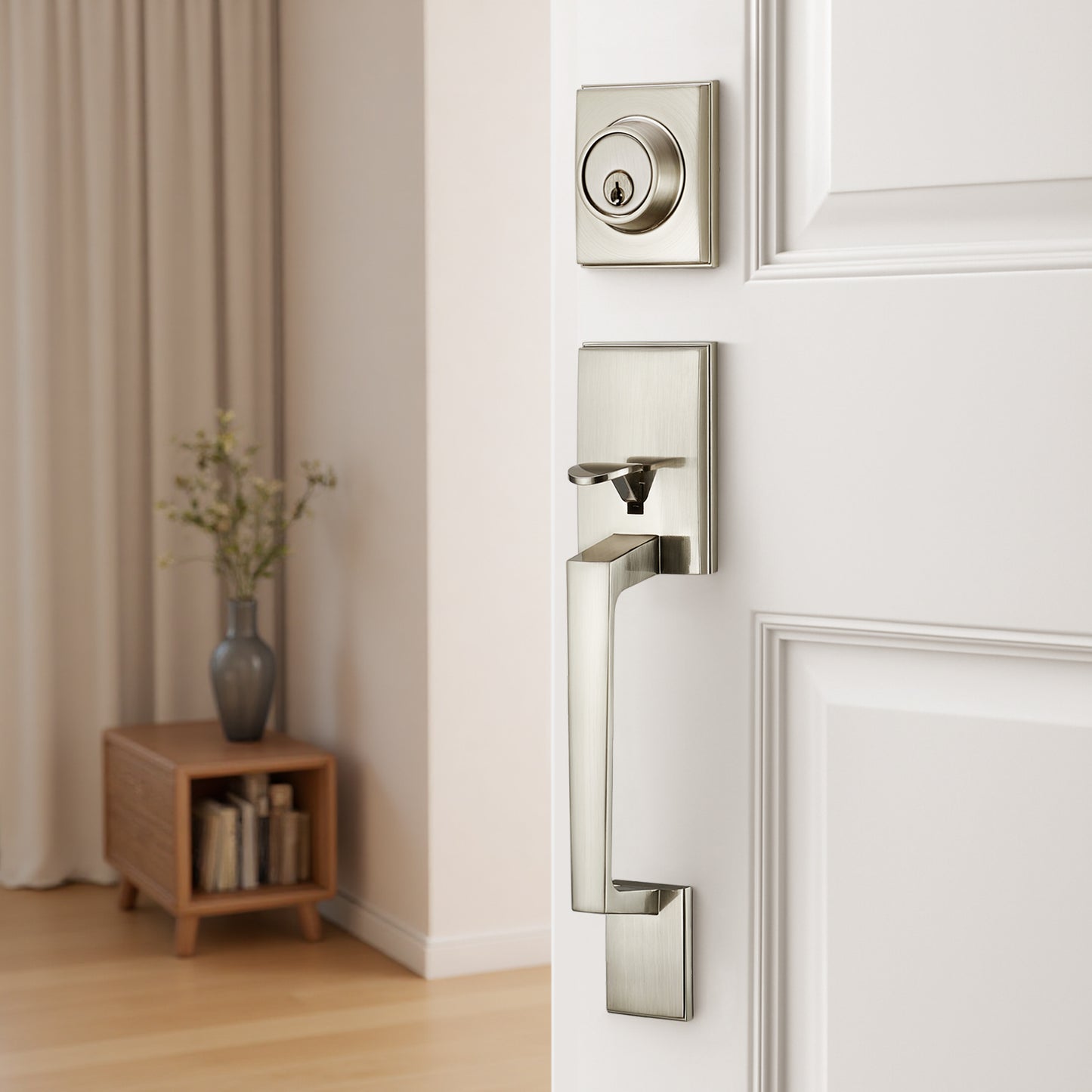 Satin Nickel Front Door Handle Set – Exterior Entry Lock with Single Cylinder Deadbolt & 3 Keys, Heavy-Duty Modern Lever, Reversible for Left/Right-Handed Doors