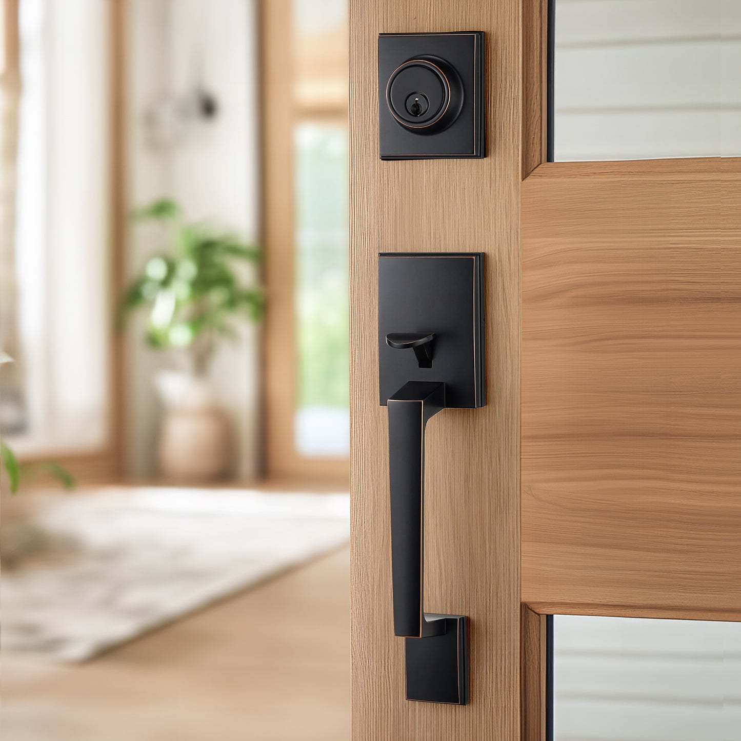 Oil-Rubbed Bronze Front Door Handle Set – Entry Lock with 3 Keys, Single Cylinder Deadbolt, Reversible for Left & Right Use, Ideal for Exterior Use