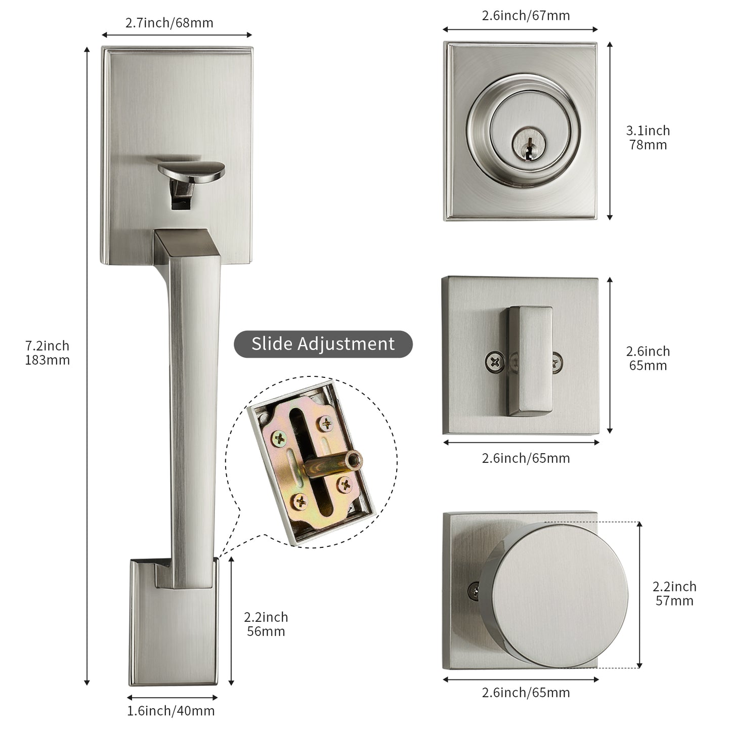 Satin Nickel Front Door Handle Set – Exterior Entry Lock with Single Cylinder Deadbolt & 3 Keys, Heavy-Duty Modern Lever, Reversible for Left/Right-Handed Doors