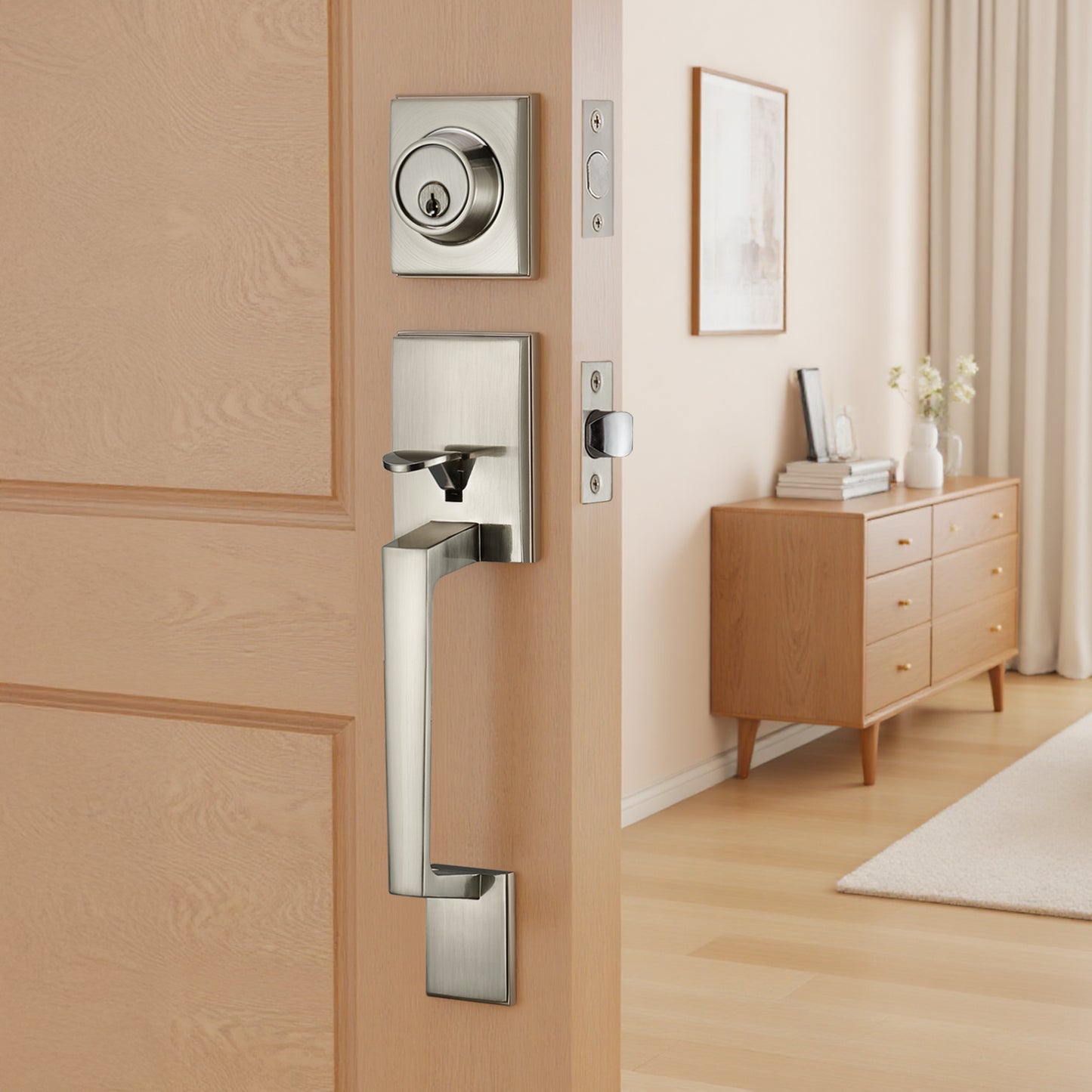 Satin Nickel Front Door Handle Set – Exterior Entry Lock with Single Cylinder Deadbolt & 3 Keys, Heavy-Duty Modern Lever, Reversible for Left/Right-Handed Doors