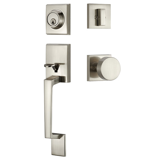 Satin Nickel Front Door Handle Set – Exterior Entry Lock with Single Cylinder Deadbolt & 3 Keys, Heavy-Duty Modern Lever, Reversible for Left/Right-Handed Doors
