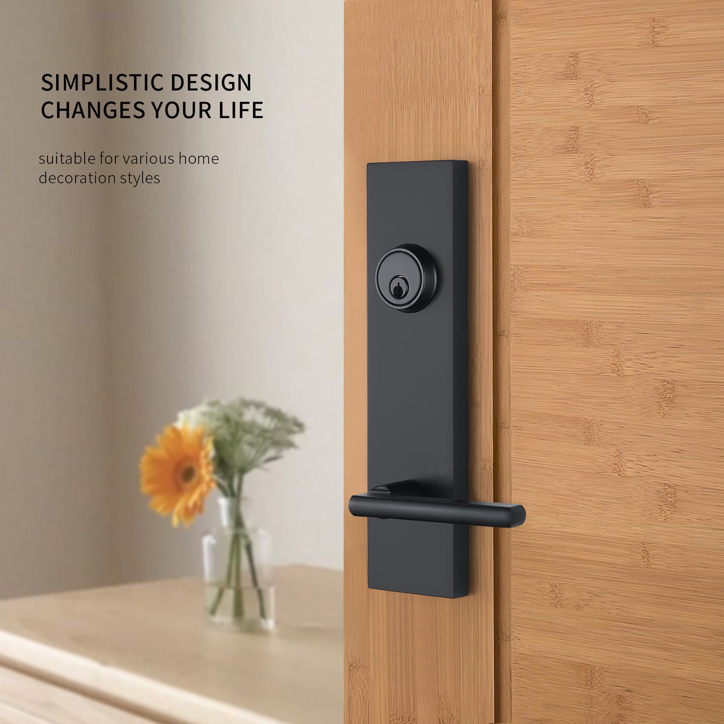 Matte-Black Front Door Handle - Modern Entry Door Lock Set with Deadbolt,Exterior Door Lever 3 Keys for Left & Right Hand Door (Black)