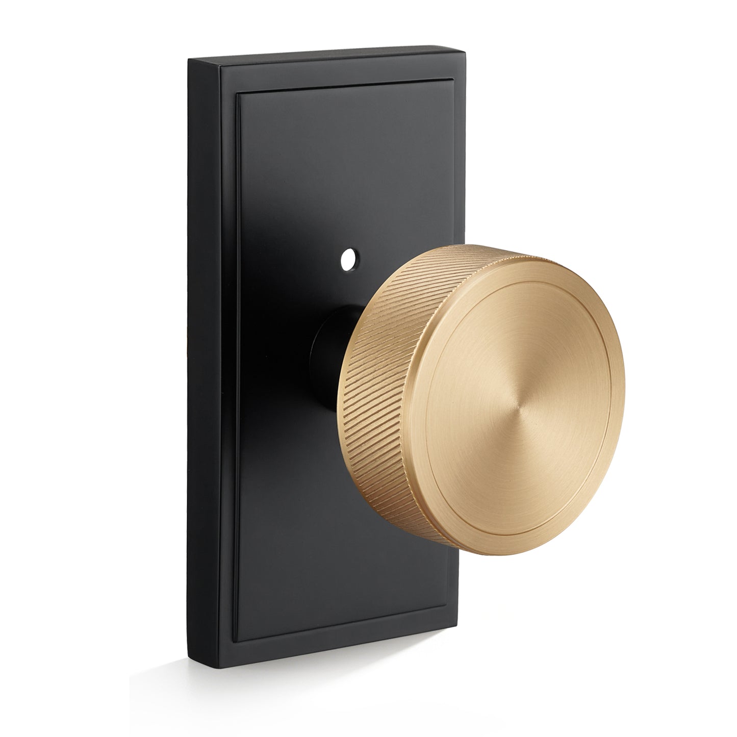 Solid Brass Knurled Privacy Door Knob with Matte Black Rectangular Rosette