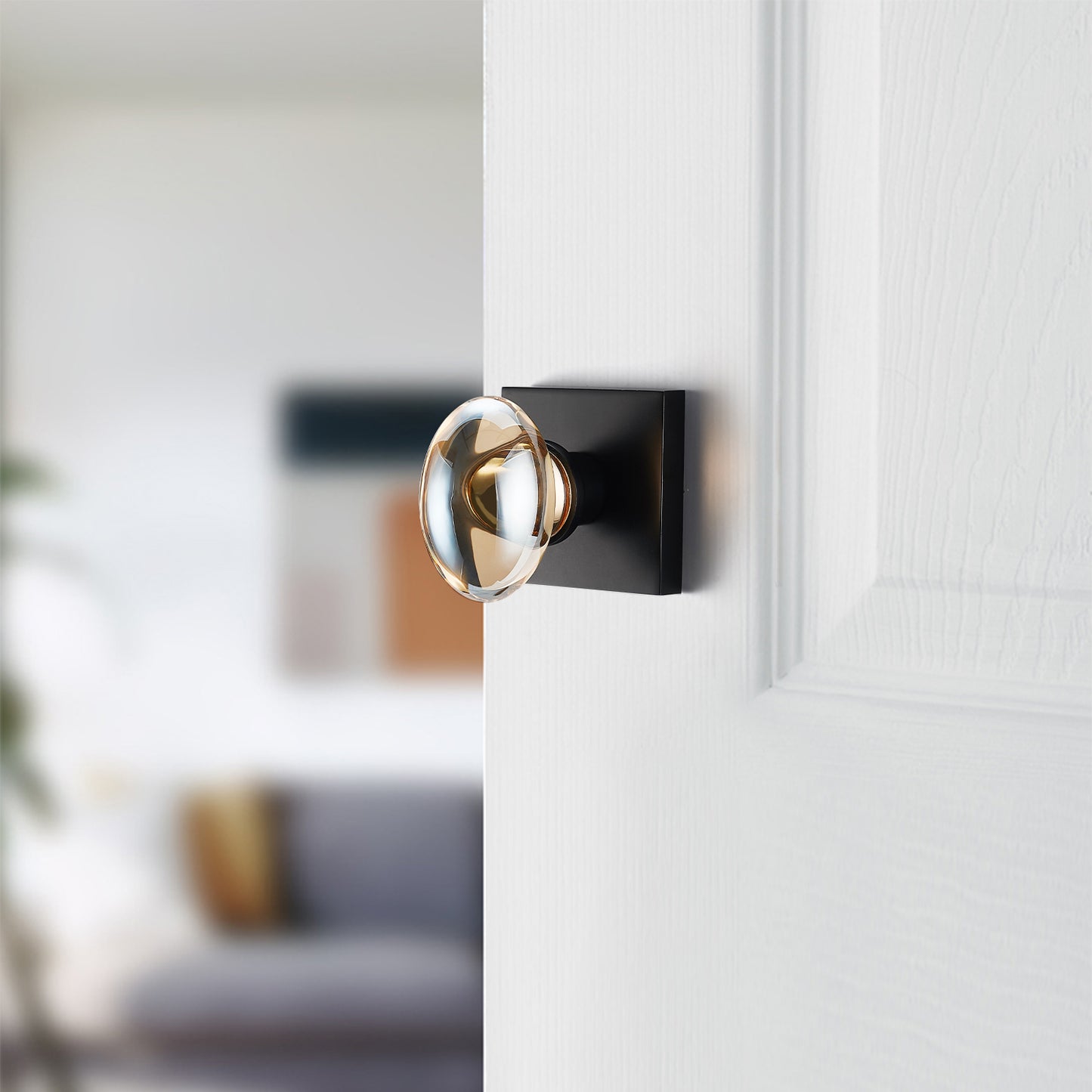Champagne-Gold Oval-Glass Door Knobs - Interior Passage Premium Crystal Door Handles, Square Rosette Matte Black Finished(Passage)