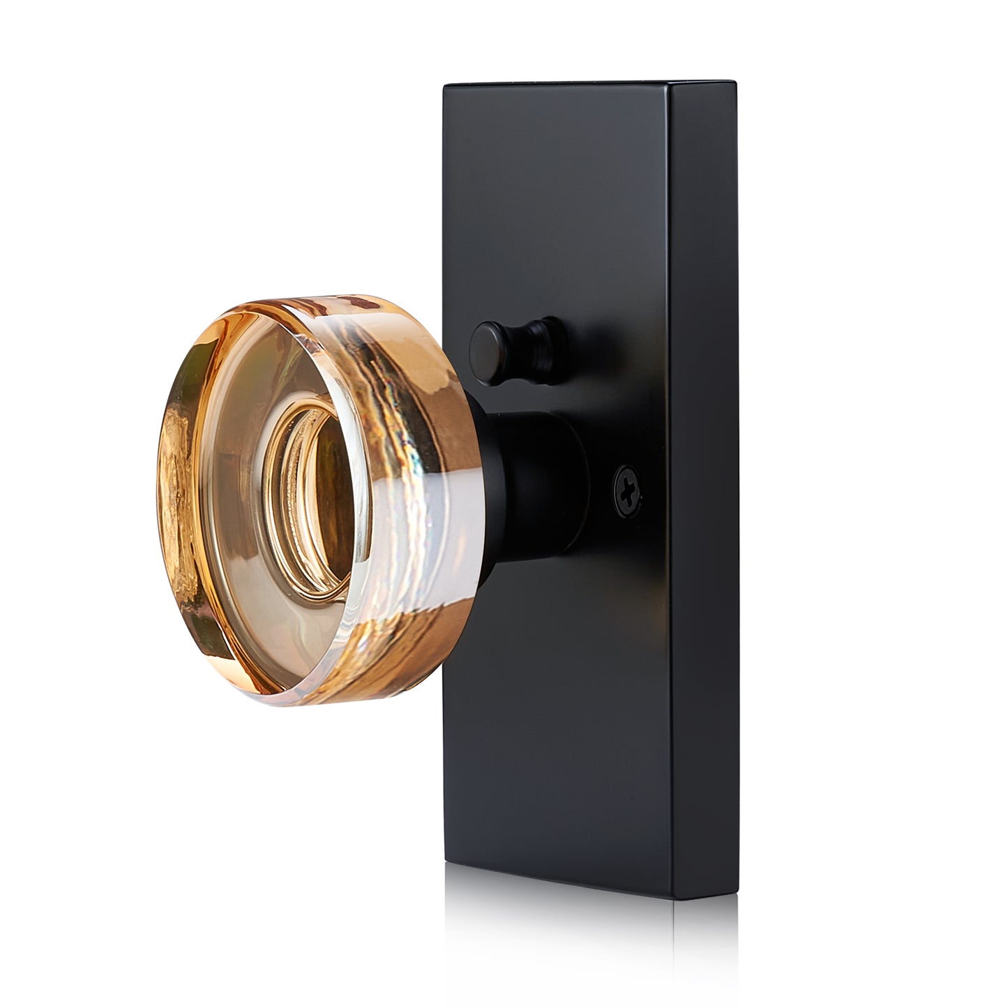 Champagne Privacy Glass Door Knob – Crystal Interior Lock with Matte Black Rectangular Rosette – Elegant Bathroom & Bedroom Door Handle for Modern or Vintage Home Décor