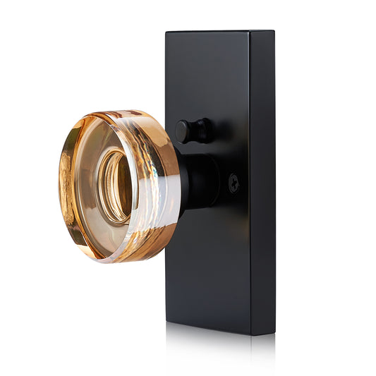 Champagne Privacy Glass Door Knob – Crystal Interior Lock with Matte Black Rectangular Rosette – Elegant Bathroom & Bedroom Door Handle for Modern or Vintage Home Décor