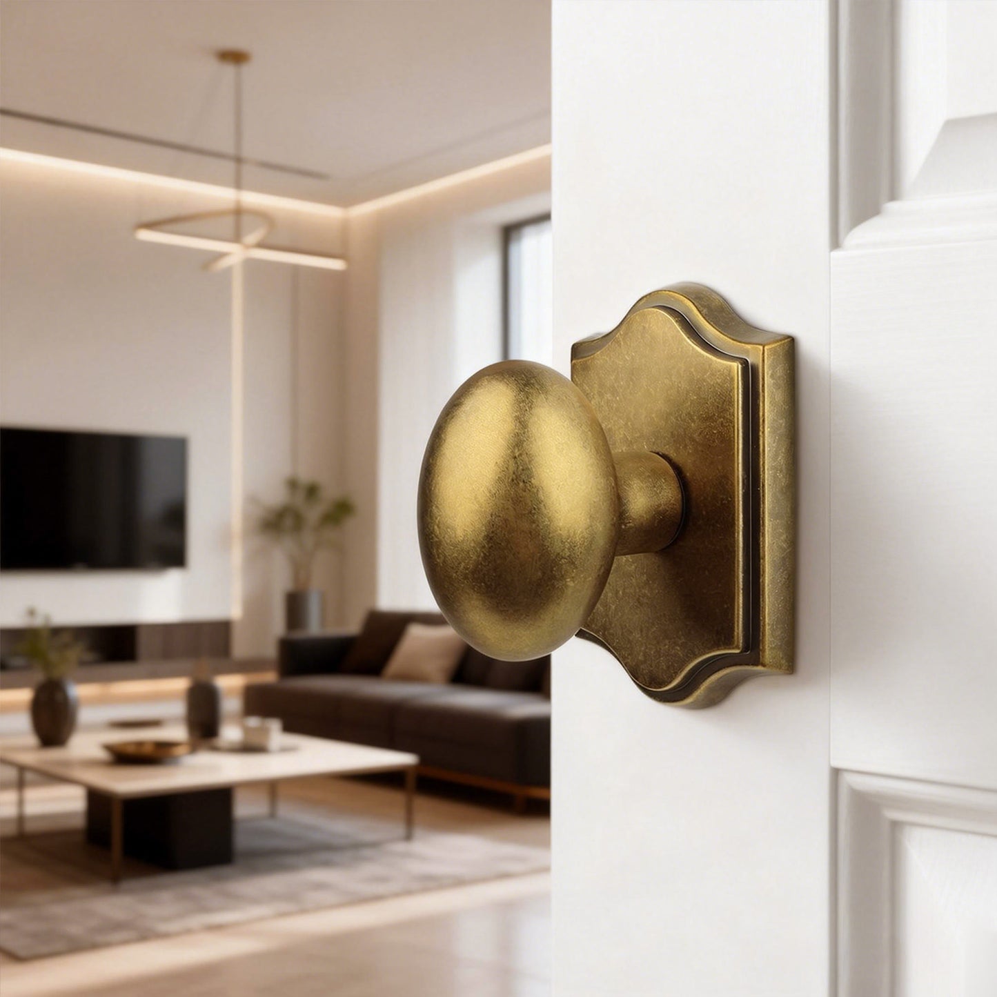 Antique Brass Finish Passage Door Knob Interior, Vintage Style Zinc Alloy Oval Heavy Duty Door Handle for Bathroom & Bedroom (Antique Brass, Passage)