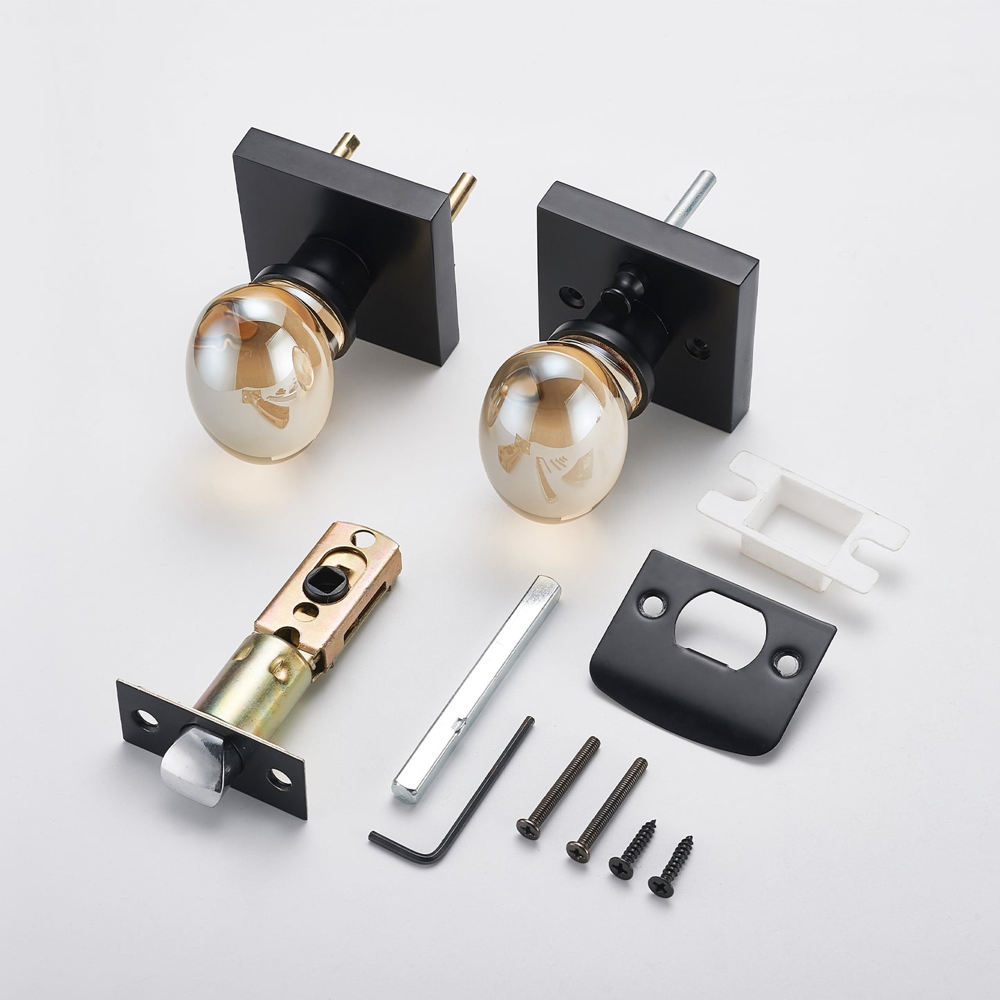 Champagne Gold Glass Door Knobs, Premium Privacy Crystal Door Handles with Lock, Square Rosette Matte Black Finished (Privacy)