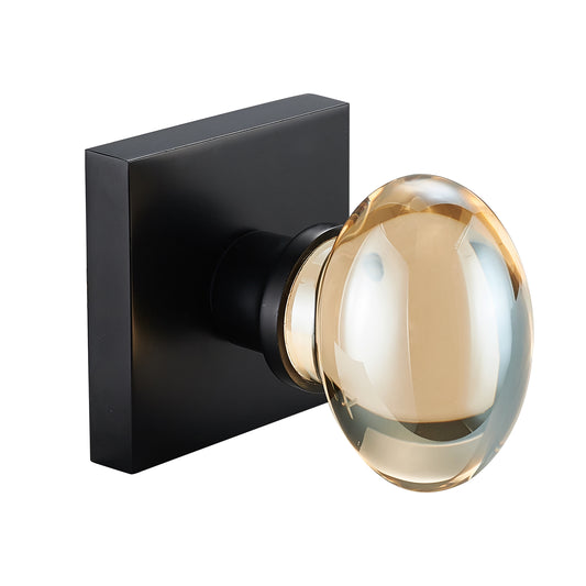 Champagne-Gold Oval-Glass Door Knobs - Interior Passage Premium Crystal Door Handles, Square Rosette Matte Black Finished(Passage)