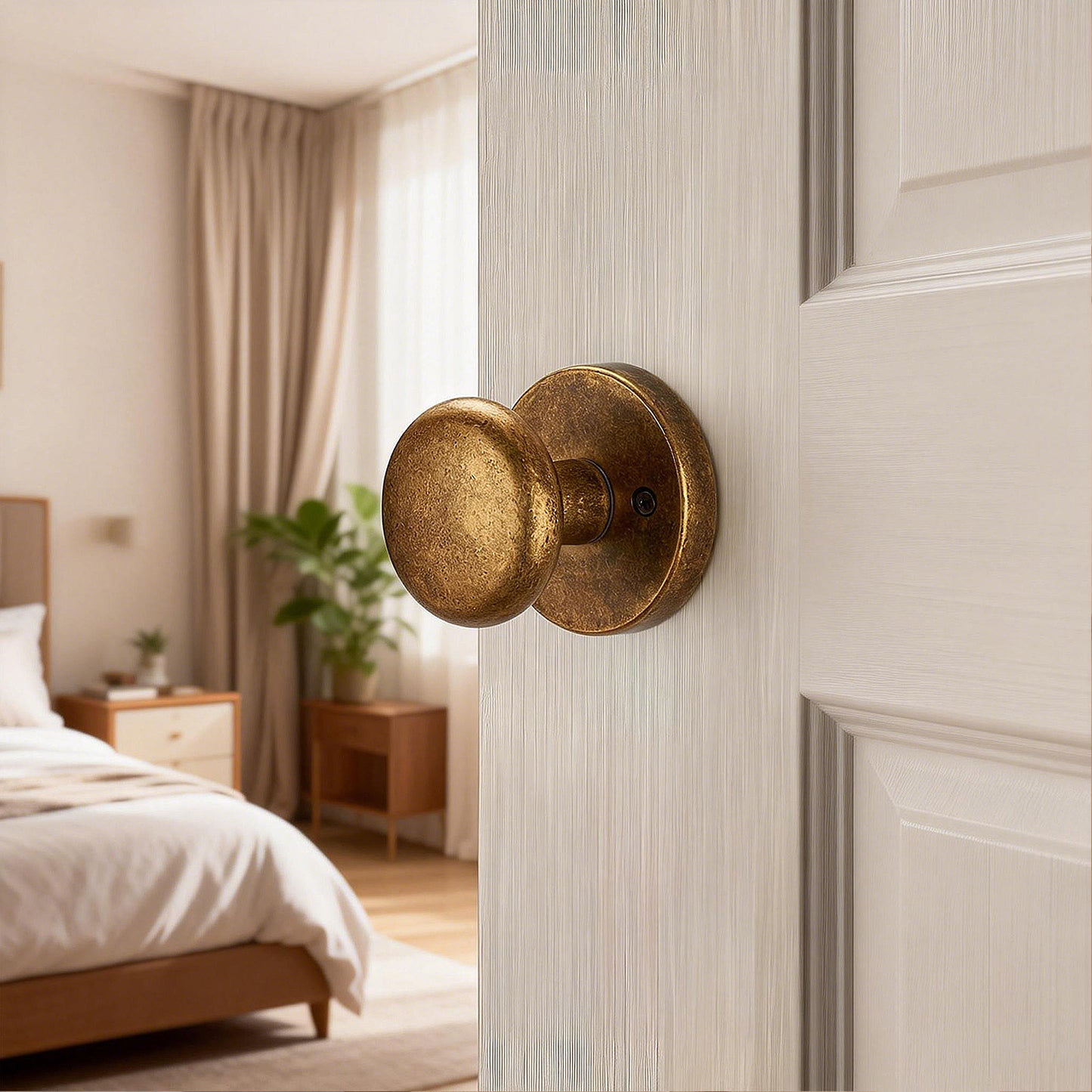 Antique Brass Privacy Door Knob – Classic Round Design with Push-Button Lock, Elegant Interior Handle for Bedroom, Bathroom, Kitchen, Vintage Style Long-Lasting Hardware
