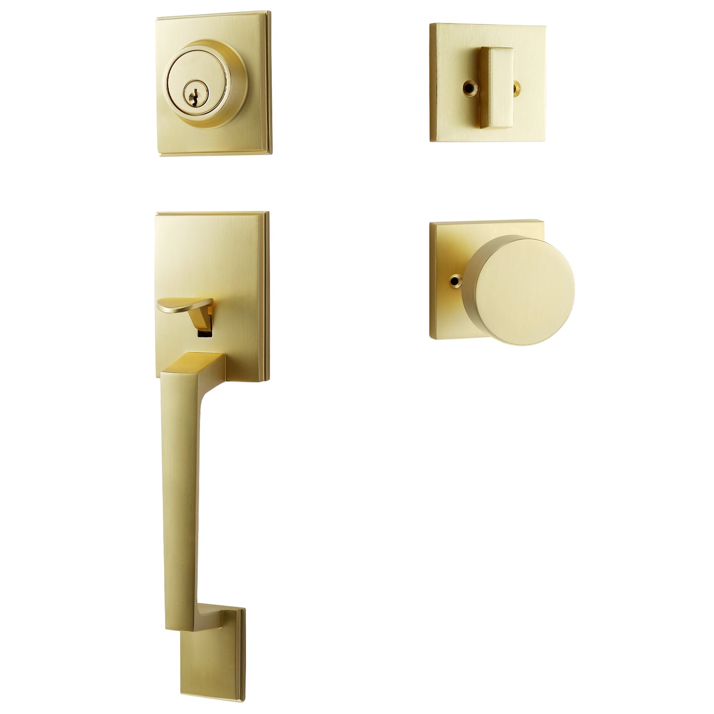 Satin-Brass Modern Front Door-Handle - Entry Door Lock with 3 Keys Single Cylinder Deadbolt,Exterior Door Knob Set Reversible for Left and Right Hand
