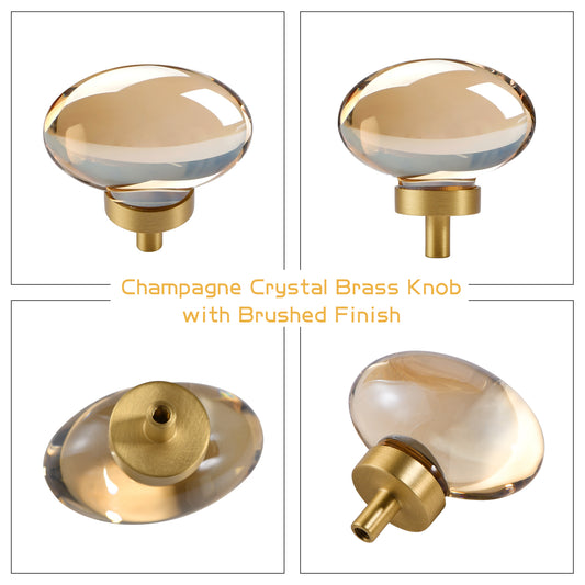 Champagne-Bronze Crystal-Brass Drawer Cabinet Knobs - 5 Pack Glass Brushed Gold pulls Hardware for Dresser Kitchen Bedroom Bathroom