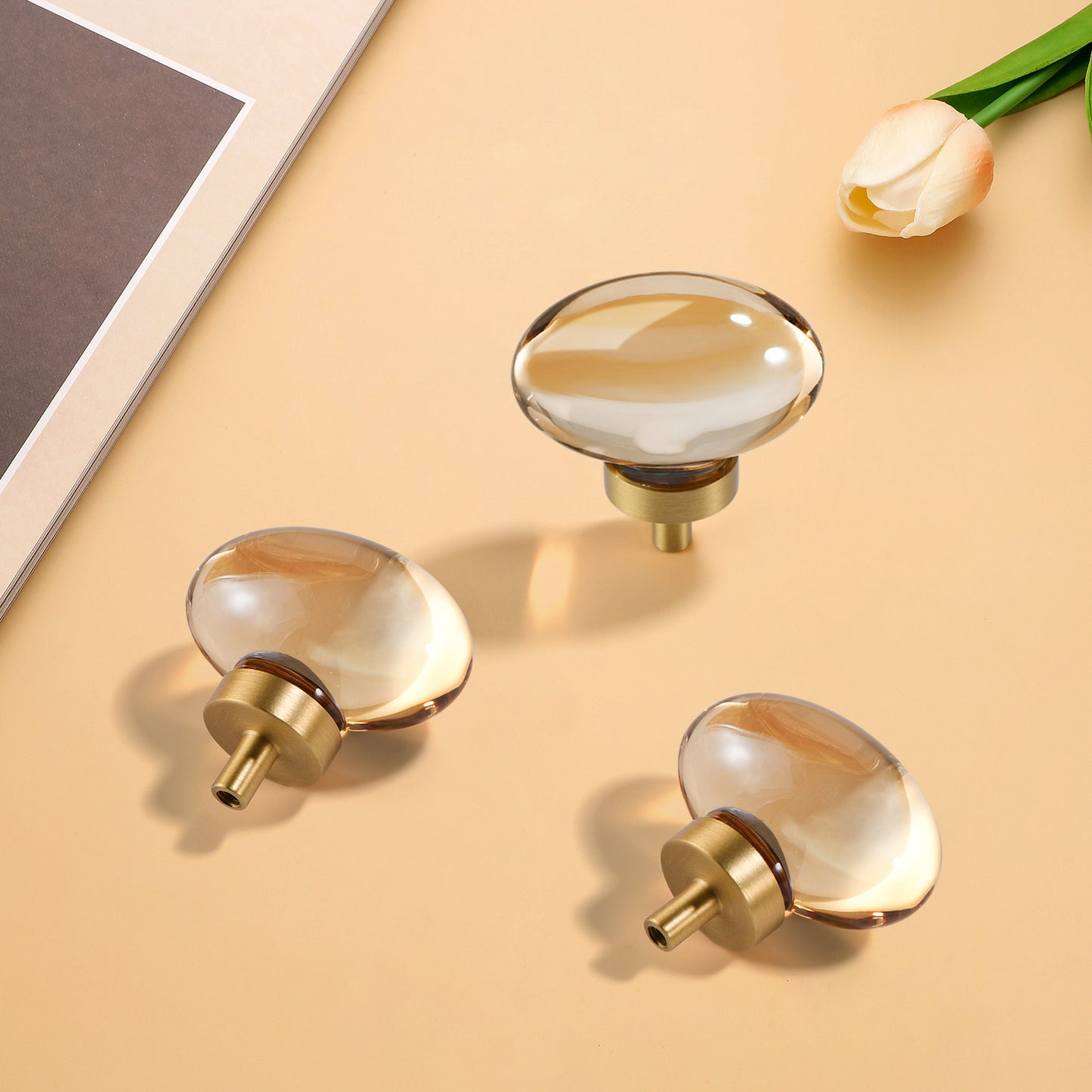 Champagne-Bronze Crystal-Brass Drawer Cabinet Knobs - 5 Pack Glass Brushed Gold pulls Hardware for Dresser Kitchen Bedroom Bathroom