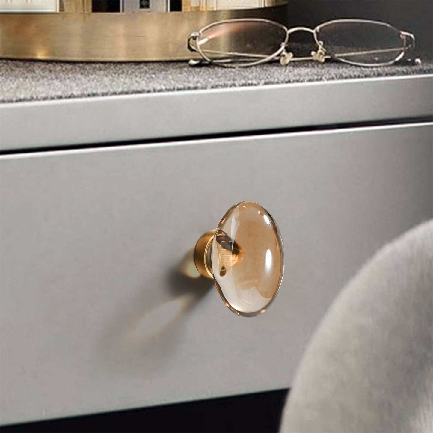 Champagne-Bronze Crystal-Brass Drawer Cabinet Knobs - 5 Pack Glass Brushed Gold pulls Hardware for Dresser Kitchen Bedroom Bathroom