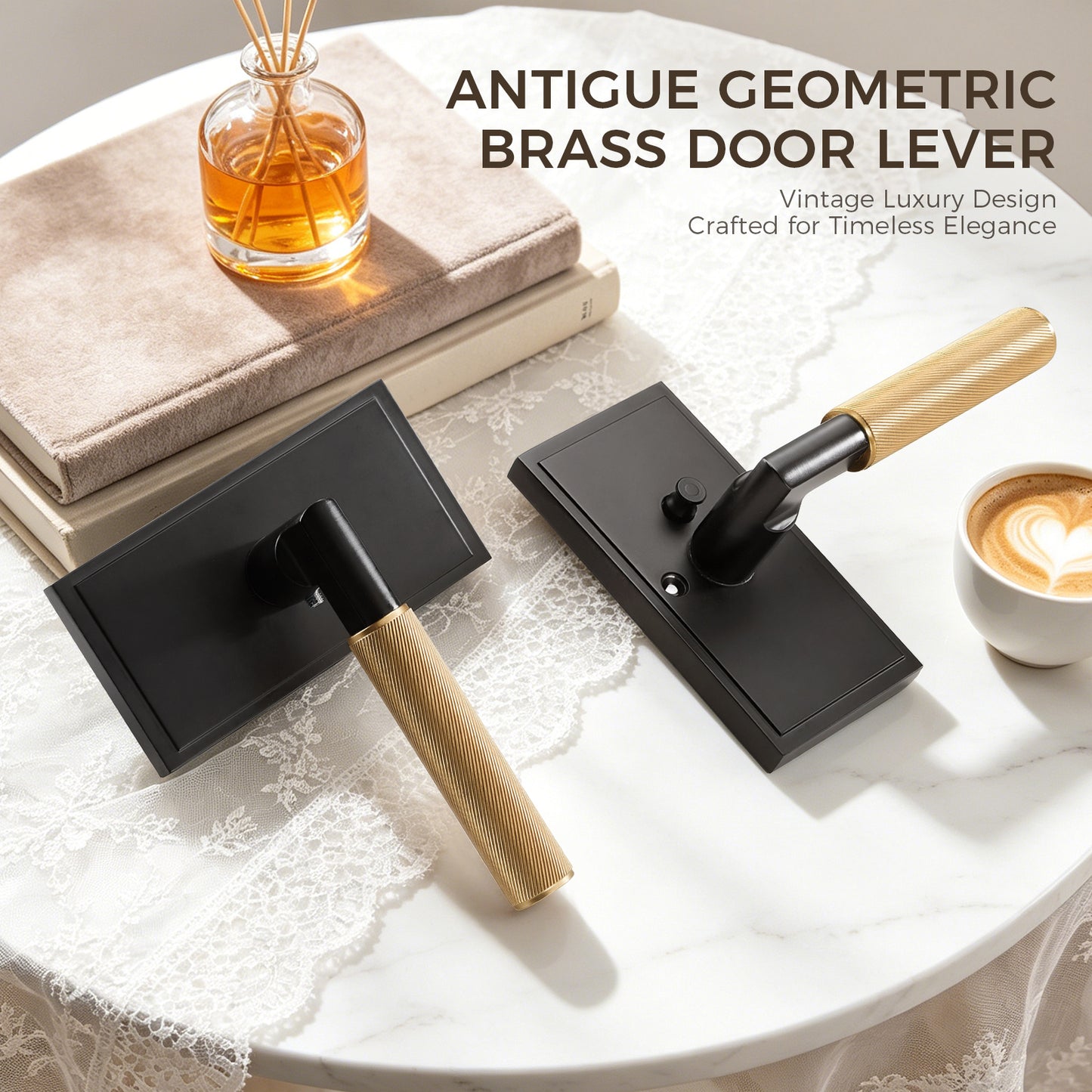 Matte Black Privacy Door Lever with Solid Brass Knurled Grip