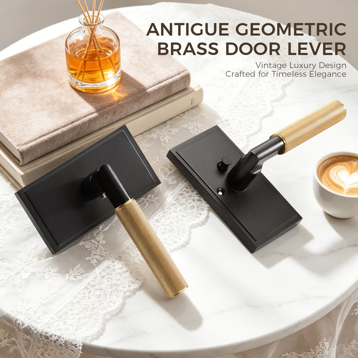 Matte Black Privacy Door Lever with Solid Brass Knurled Grip
