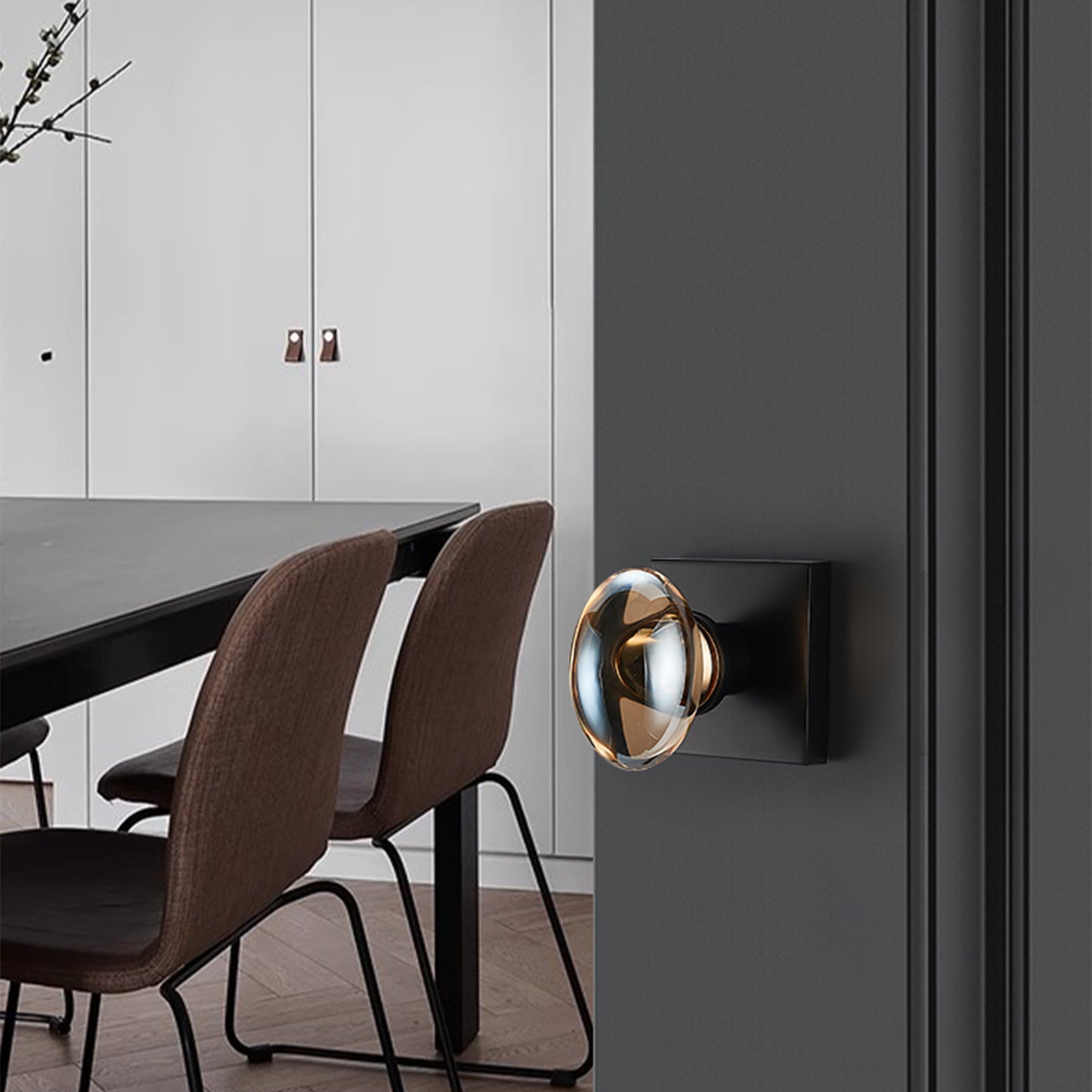 Champagne-Gold Glass Door Knobs - 2 Pack Non-Turning Single Side Dummy Crystal Door Handles, Square Rosette Matte Black Finished(Dummy)