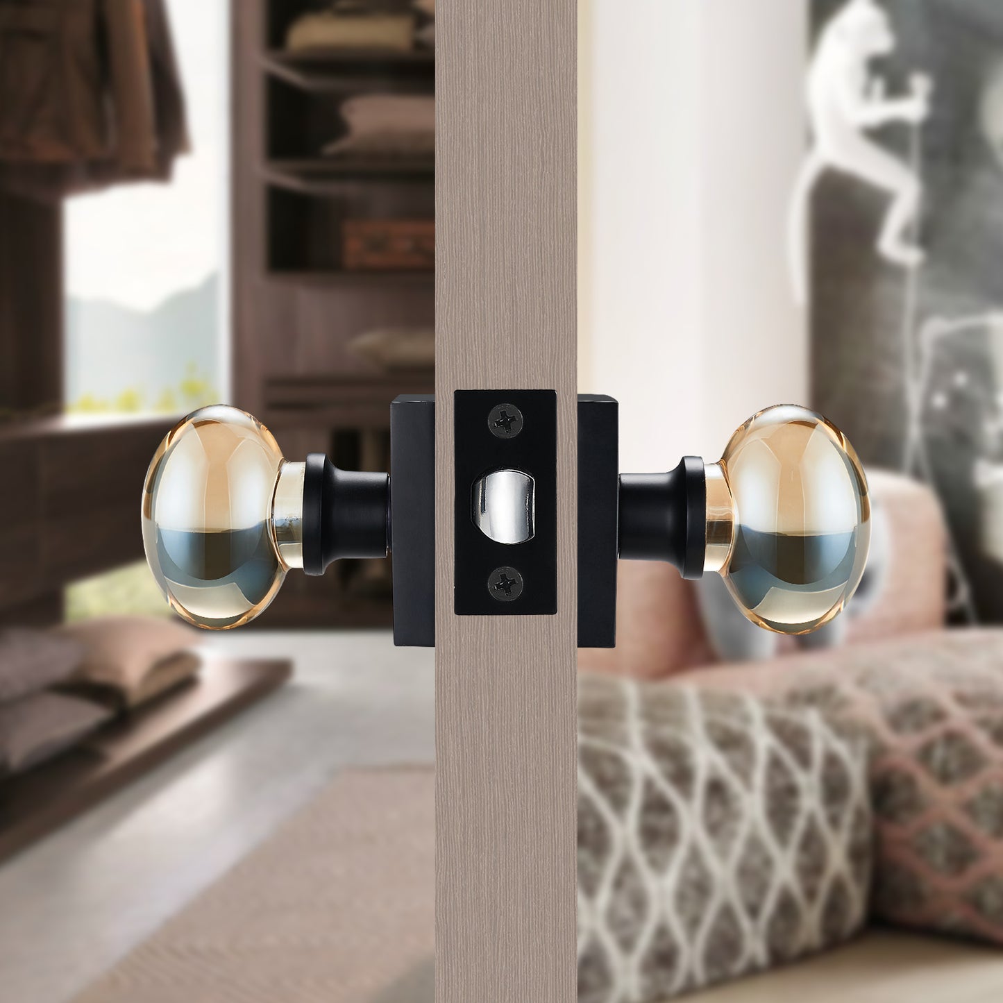 Champagne-Gold Oval-Glass Door Knobs - Interior Passage Premium Crystal Door Handles, Square Rosette Matte Black Finished(Passage)