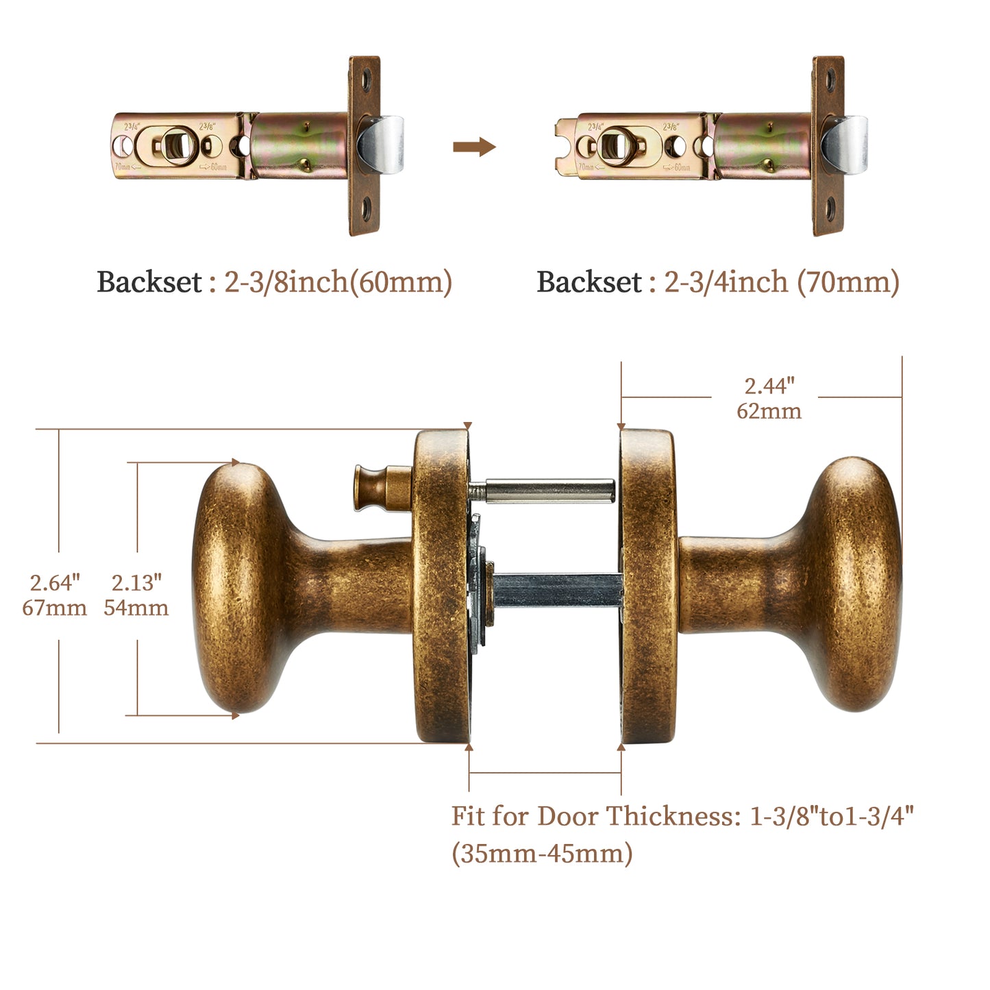 Antique Brass Privacy Door Knob – Classic Round Design with Push-Button Lock, Elegant Interior Handle for Bedroom, Bathroom, Kitchen, Vintage Style Long-Lasting Hardware