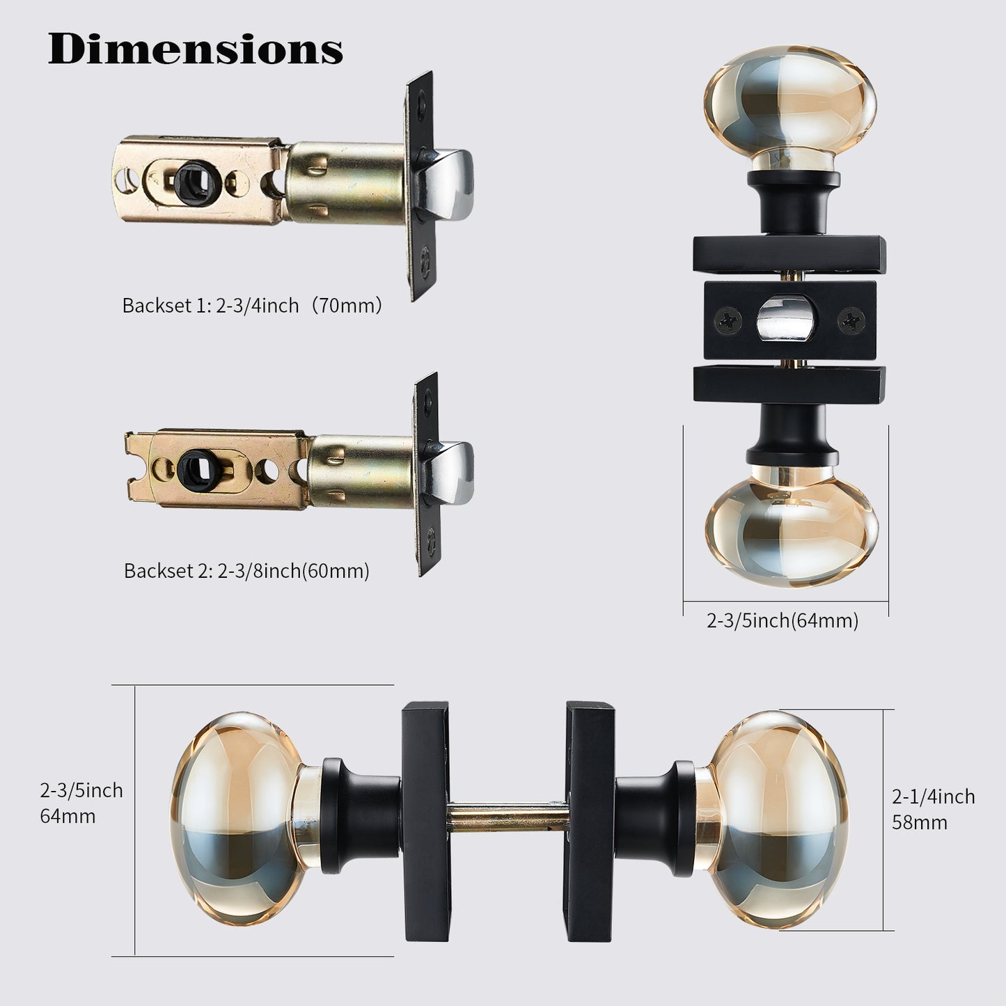 Champagne-Gold Oval-Glass Door Knobs - Interior Passage Premium Crystal Door Handles, Square Rosette Matte Black Finished(Passage)