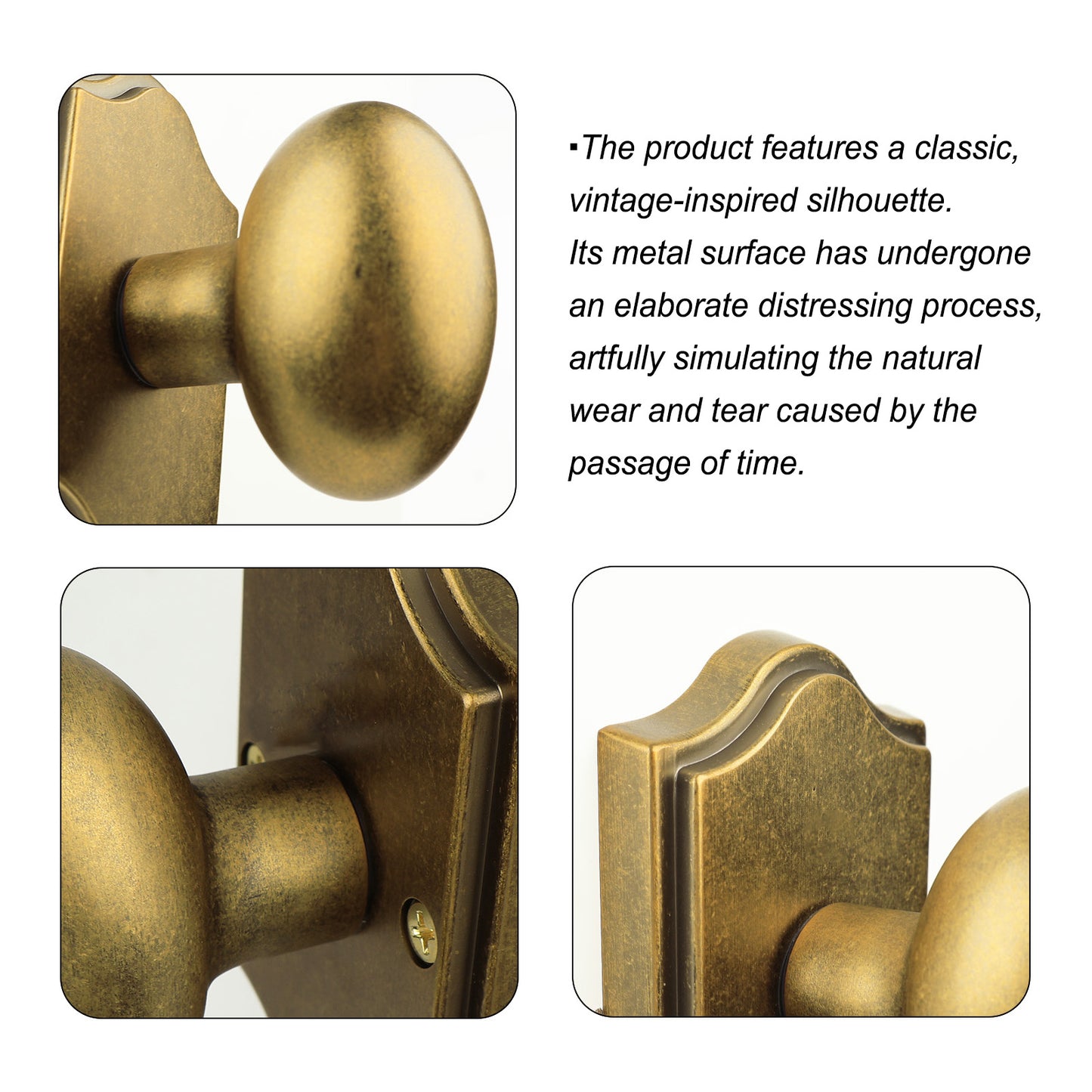 Antique Brass Finish Dummy Door Knob Interior, Vintage Style Zinc Alloy Oval Door Handle, Non-Turning Interior Push/Pull Door Knob (Antique Brass, Dummy)