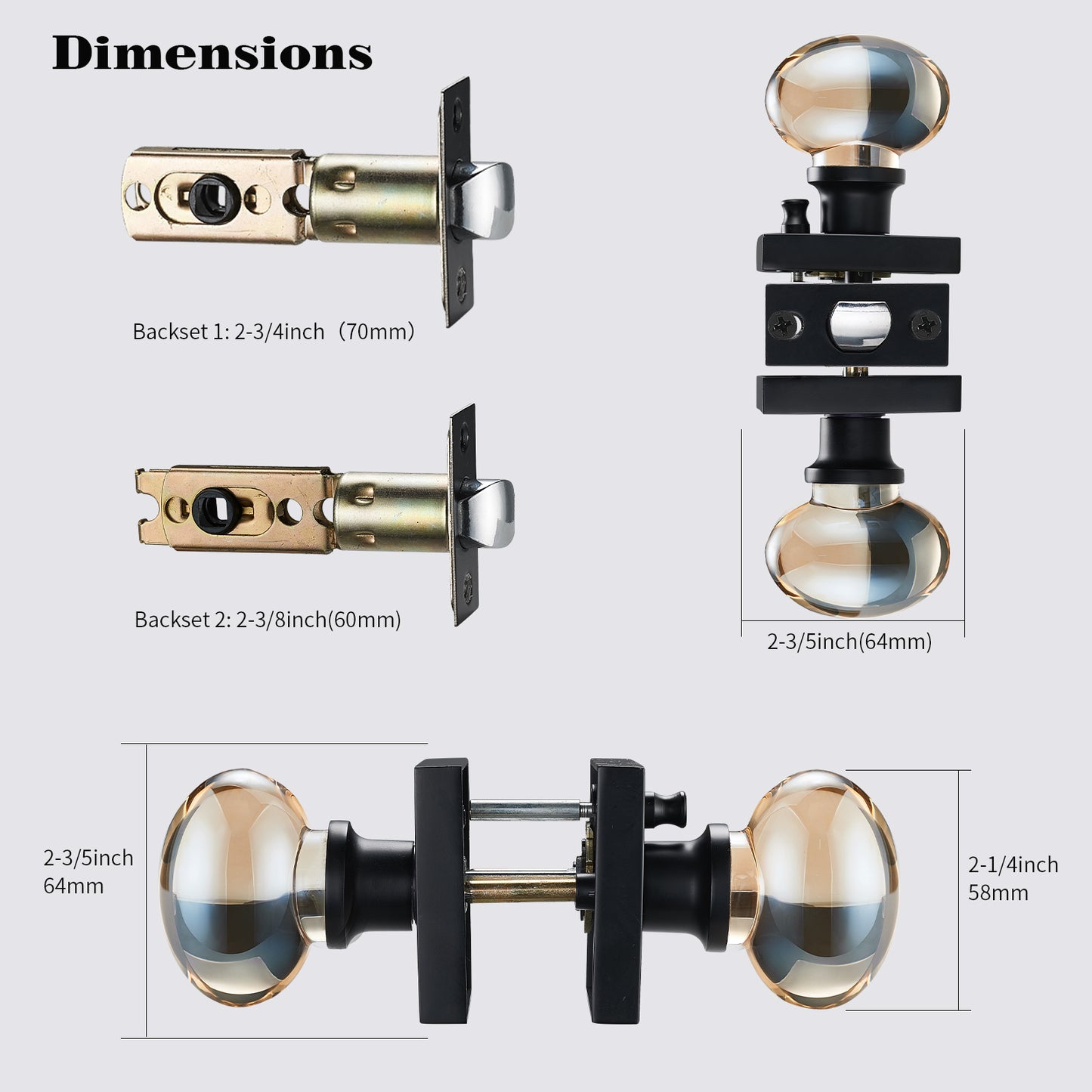 Champagne Gold Glass Door Knobs, Premium Privacy Crystal Door Handles with Lock, Square Rosette Matte Black Finished (Privacy)