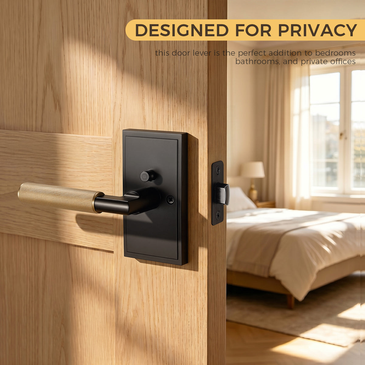 Matte Black Privacy Door Lever with Solid Brass Knurled Grip