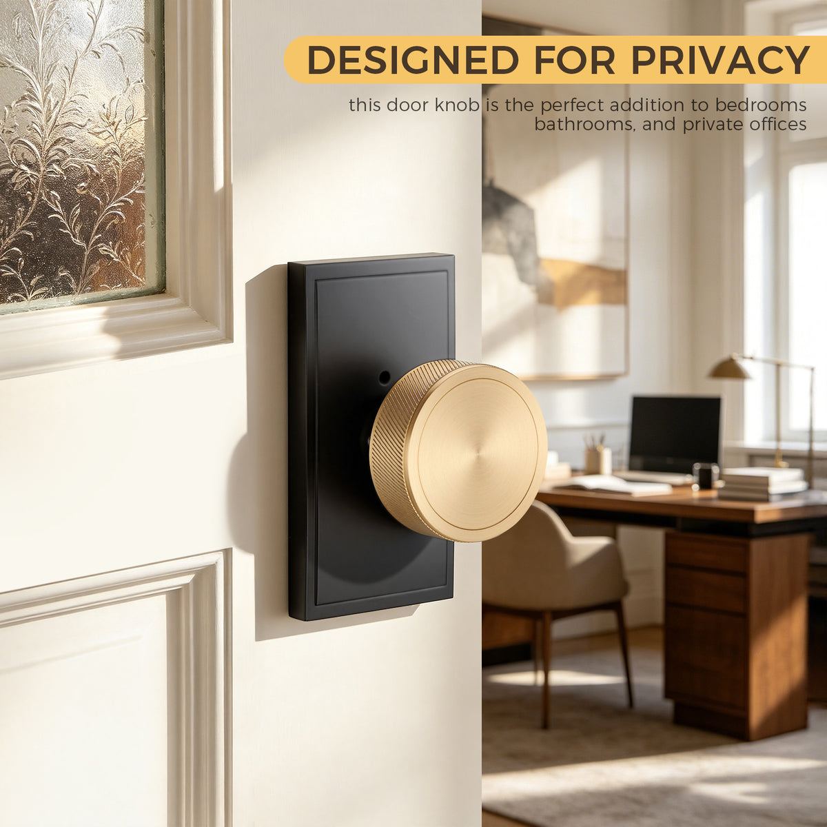 Solid Brass Knurled Privacy Door Knob with Matte Black Rectangular Rosette