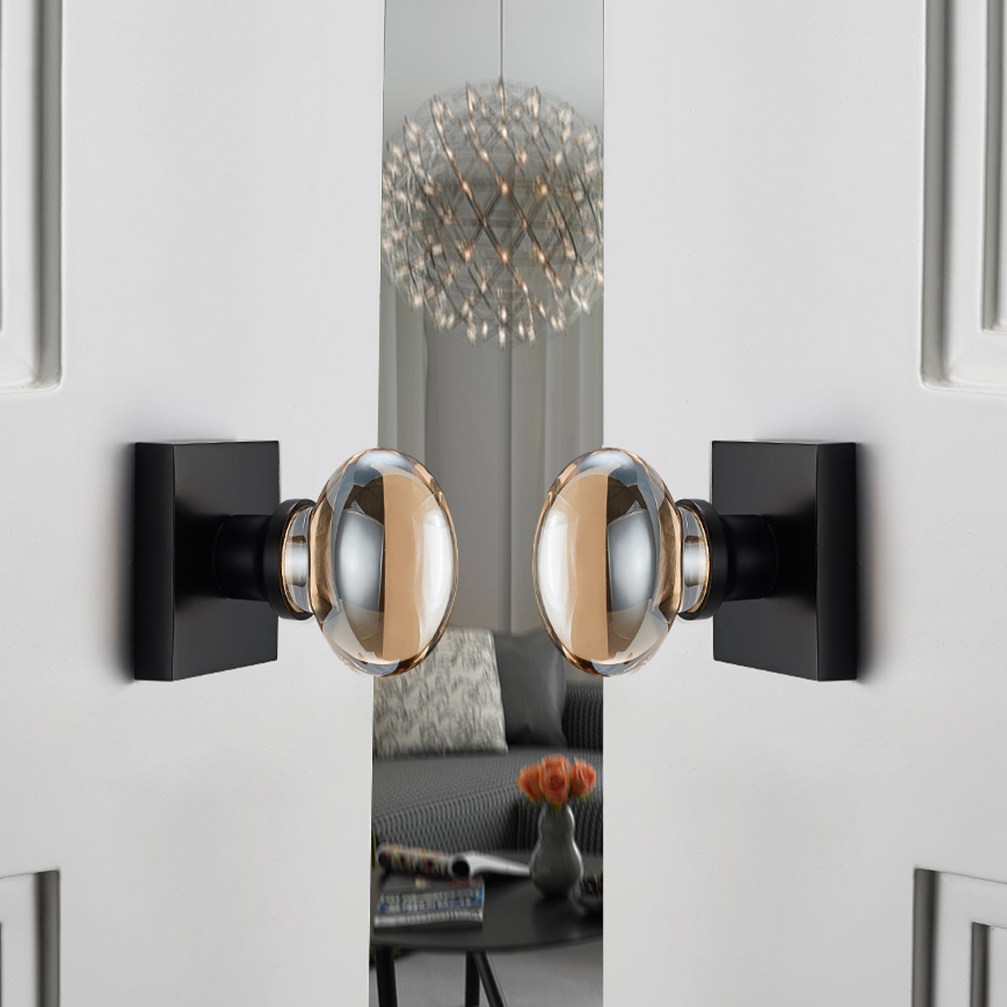 Champagne-Gold Glass Door Knobs - 2 Pack Non-Turning Single Side Dummy Crystal Door Handles, Square Rosette Matte Black Finished(Dummy)