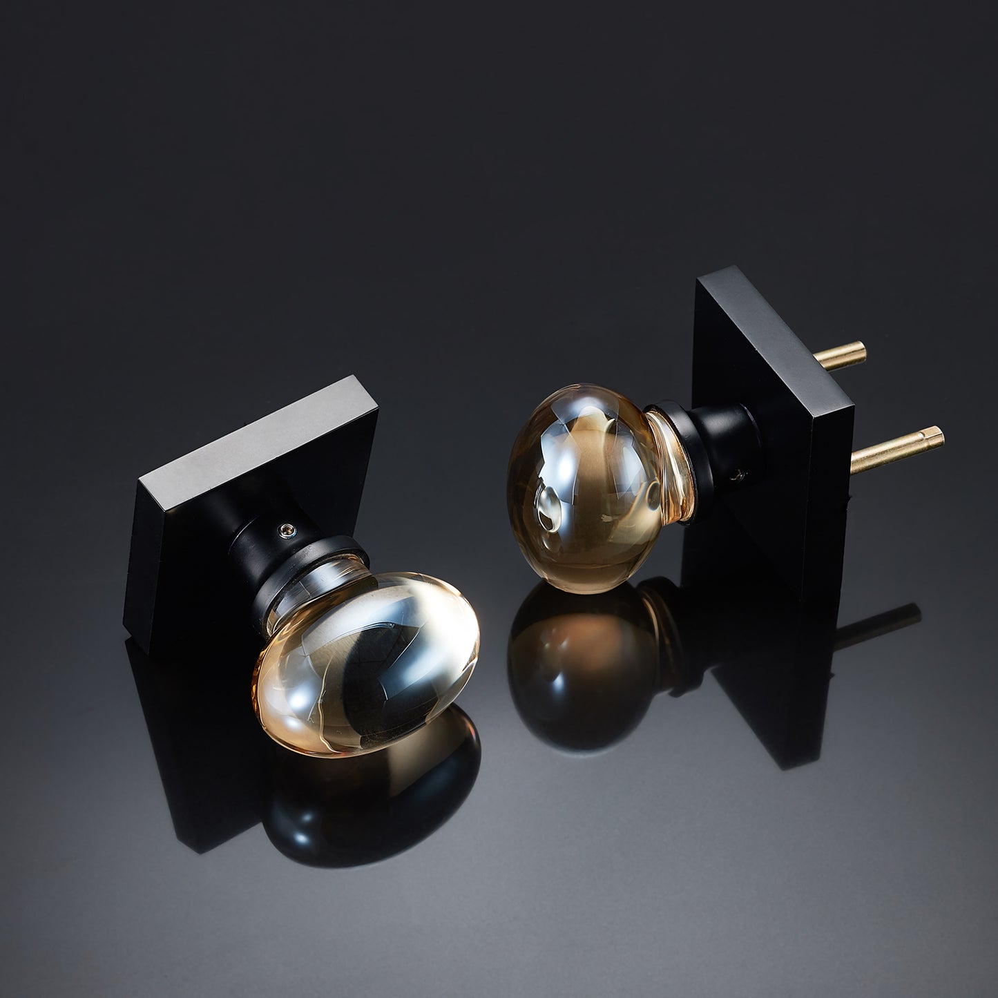 Champagne-Gold Oval-Glass Door Knobs - Interior Passage Premium Crystal Door Handles, Square Rosette Matte Black Finished(Passage)