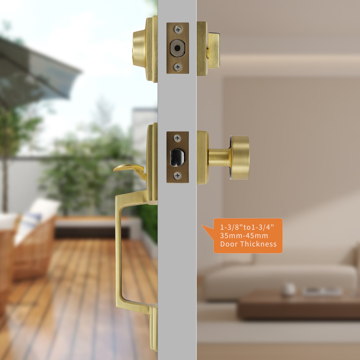 Satin-Brass Modern Front Door-Handle - Entry Door Lock with 3 Keys Single Cylinder Deadbolt,Exterior Door Knob Set Reversible for Left and Right Hand