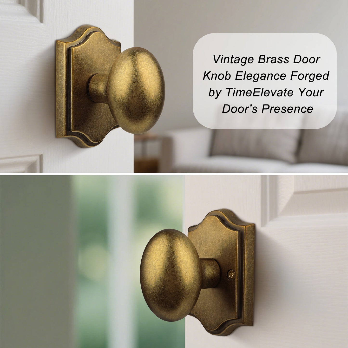 Antique Brass Finish Passage Door Knob Interior, Vintage Style Zinc Alloy Oval Heavy Duty Door Handle for Bathroom & Bedroom (Antique Brass, Passage)