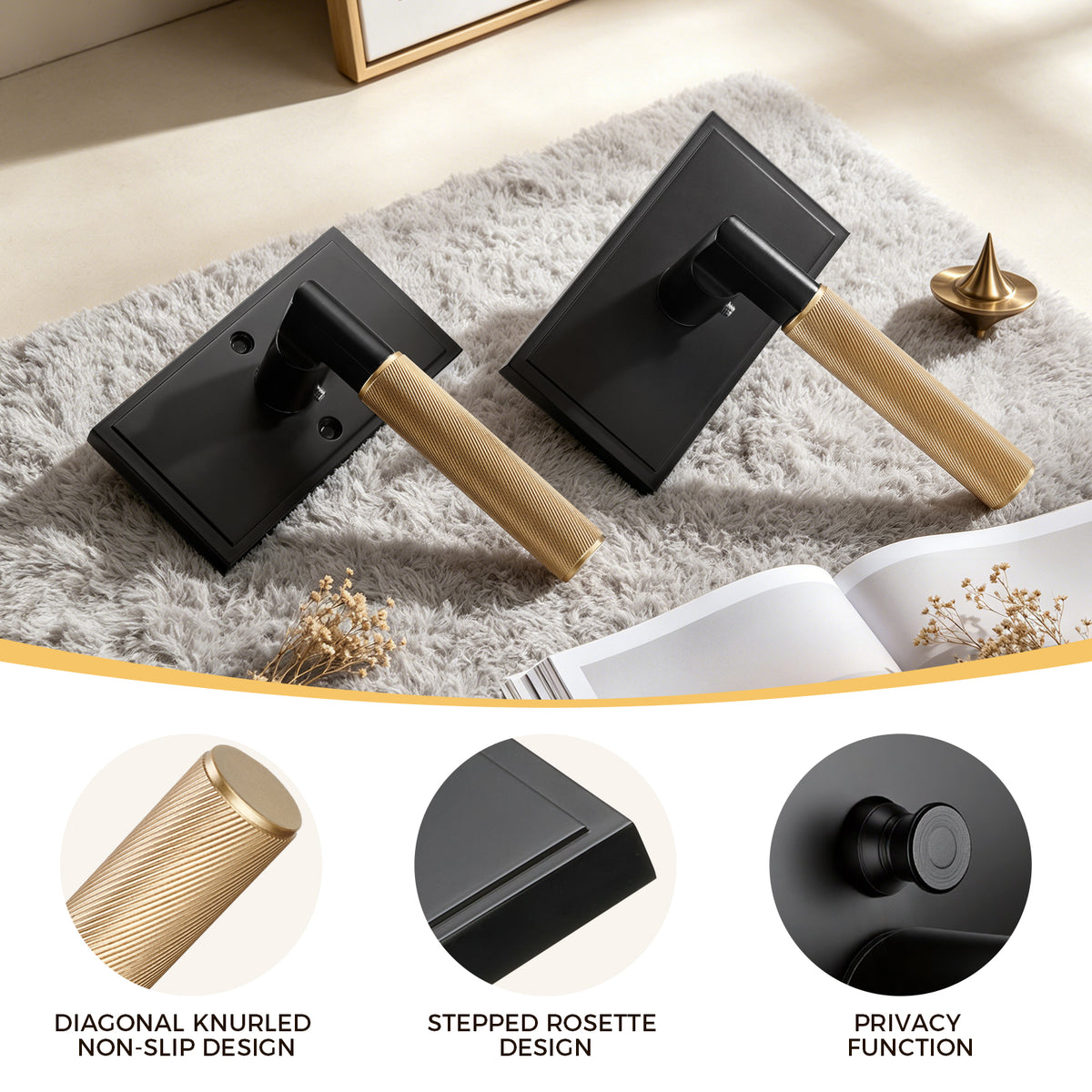 Matte Black Privacy Door Lever with Solid Brass Knurled Grip