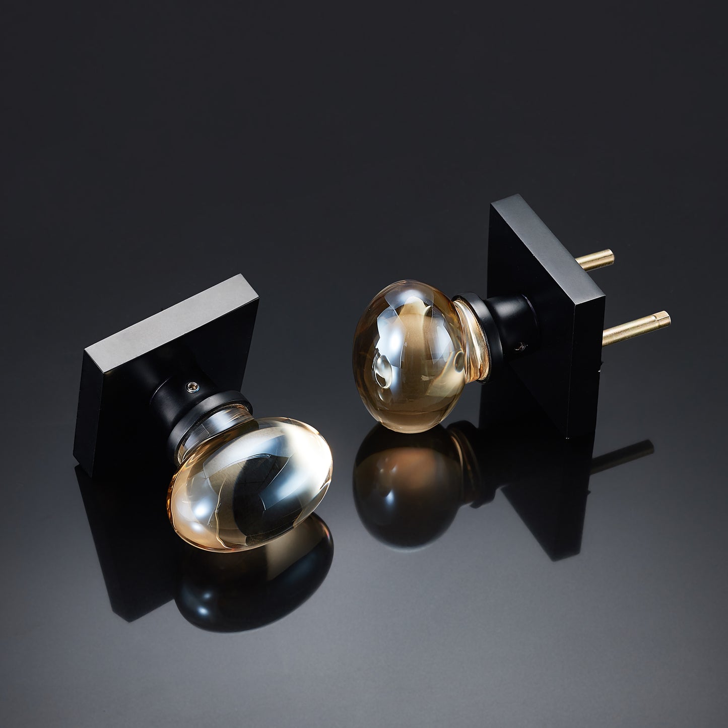 Champagne Gold Glass Door Knobs, Premium Privacy Crystal Door Handles with Lock, Square Rosette Matte Black Finished (Privacy)